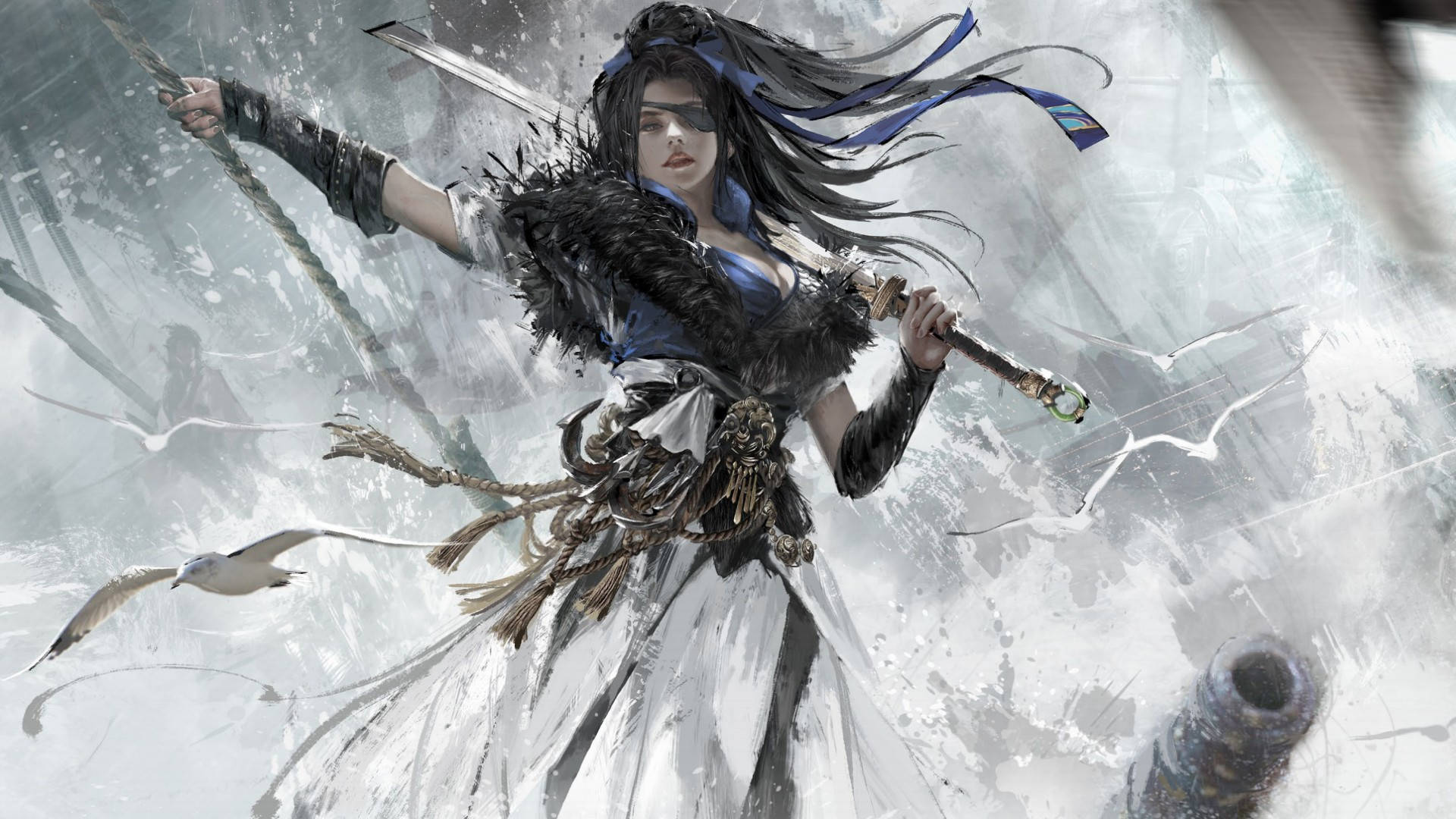 Naraka 桌布 壁紙 — 一位長黑髮的兇猛女戰士在旋轉的雪和飛鳥中揮舞兩把劍。