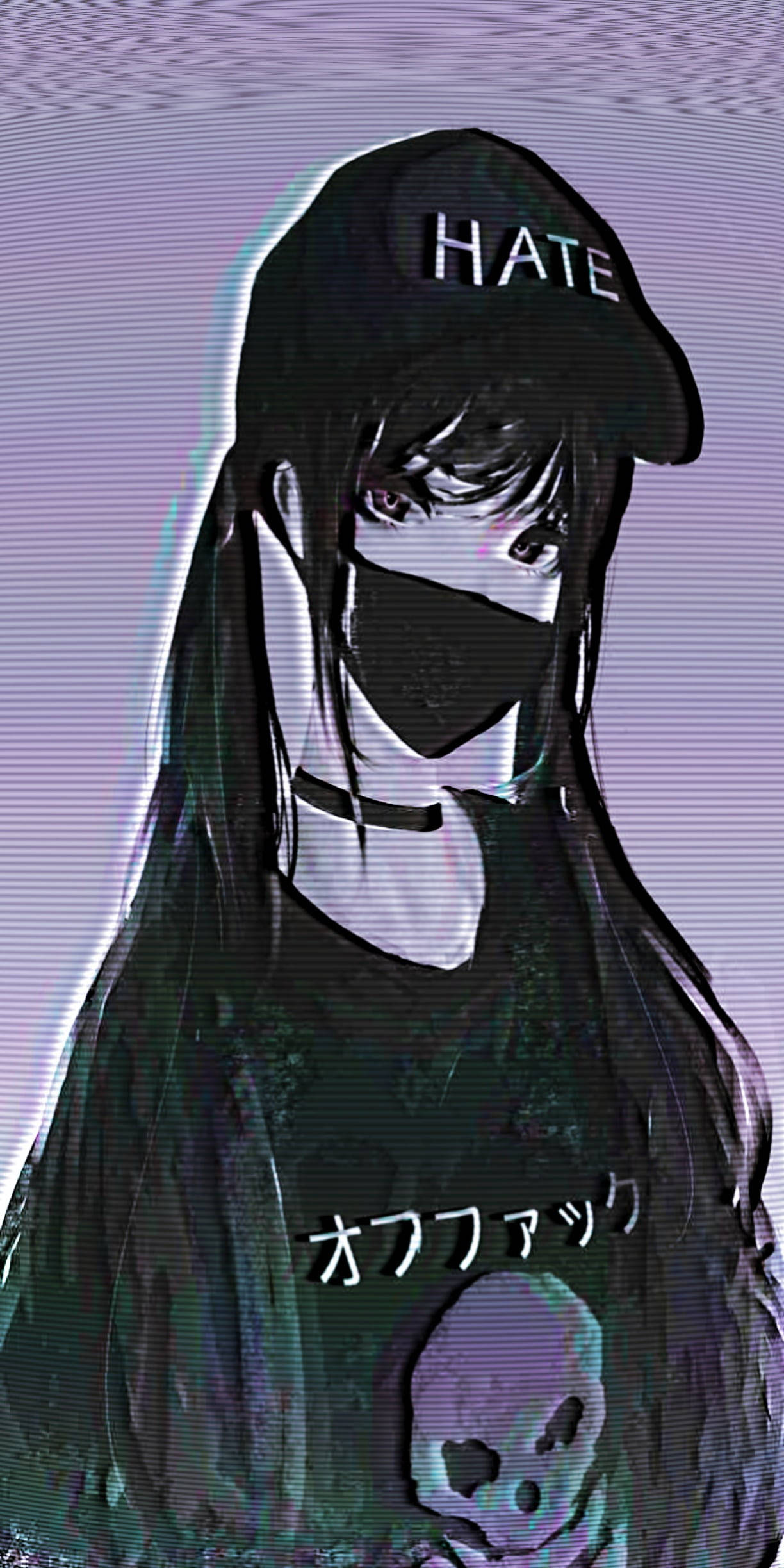 Goth 桌布 壁紙 — 一位長黑髮的動漫女孩戴著寫有HATE的黑色帽子，穿著骷髏圖案襯衫，背景是帶有故障效果的紫色。