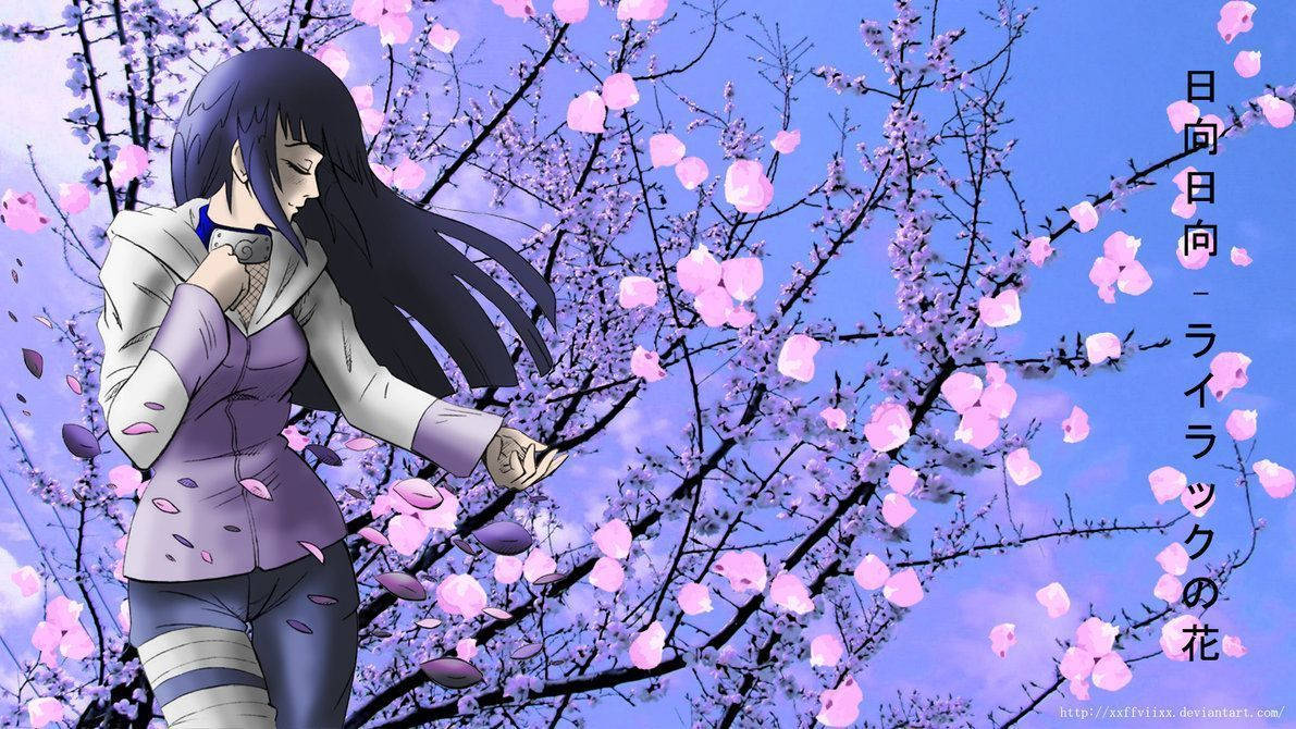 Hinata Hyuga 桌布 壁紙 — 一位長黑髮的動漫女孩站在盛開的櫻花樹下，粉紅色的花瓣在她周圍飄落，構成寧靜的春日場景。