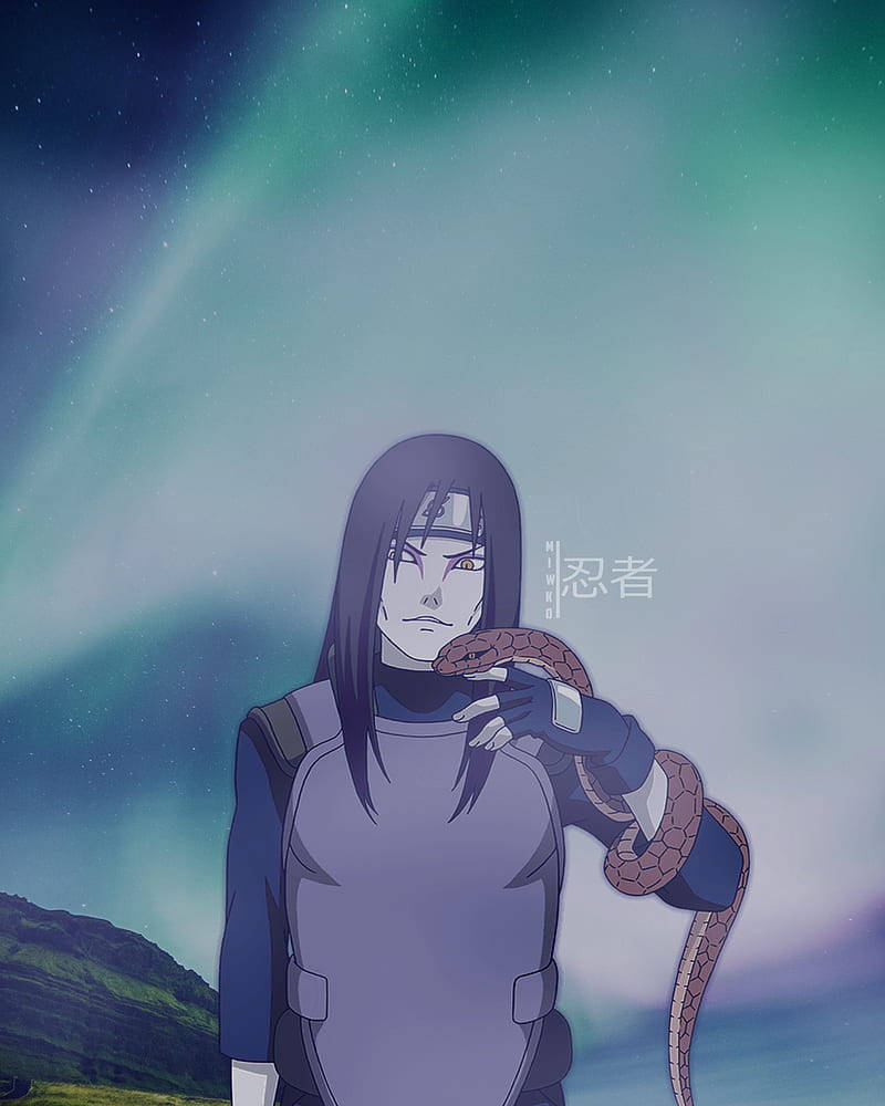 Cute Baddie 桌布 壁紙 — 一位長黑髮的動漫忍者，在壯麗的綠色極光天空下，於山景中手持一條蛇。