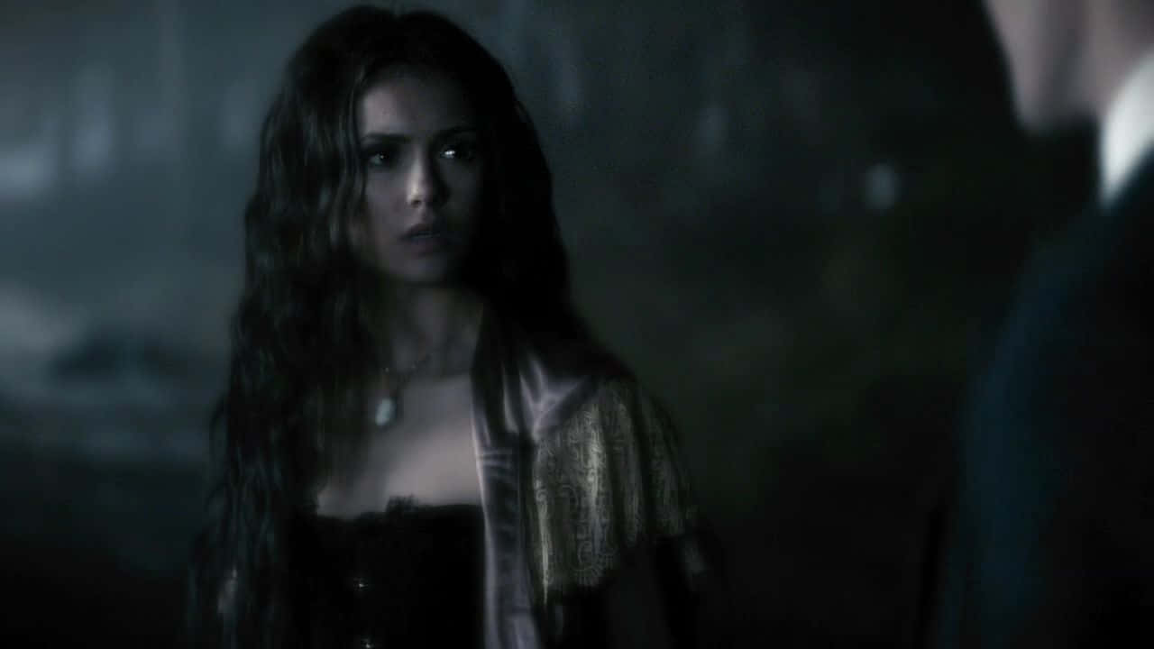 Vampire Diaries 桌布 壁紙 — 一位長黑髮的女性在夜晚昏暗、霧氣瀰漫的森林中凝視著。
