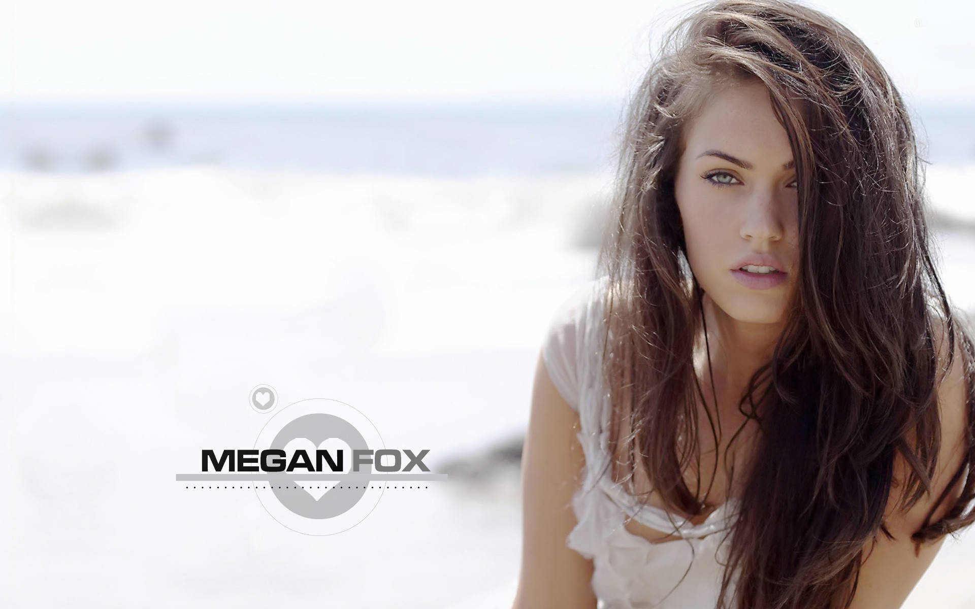 Megan Fox HD 桌布 壁紙 — 一位長黑髮的女性在明亮的雪景背景下，凝視著鏡頭。