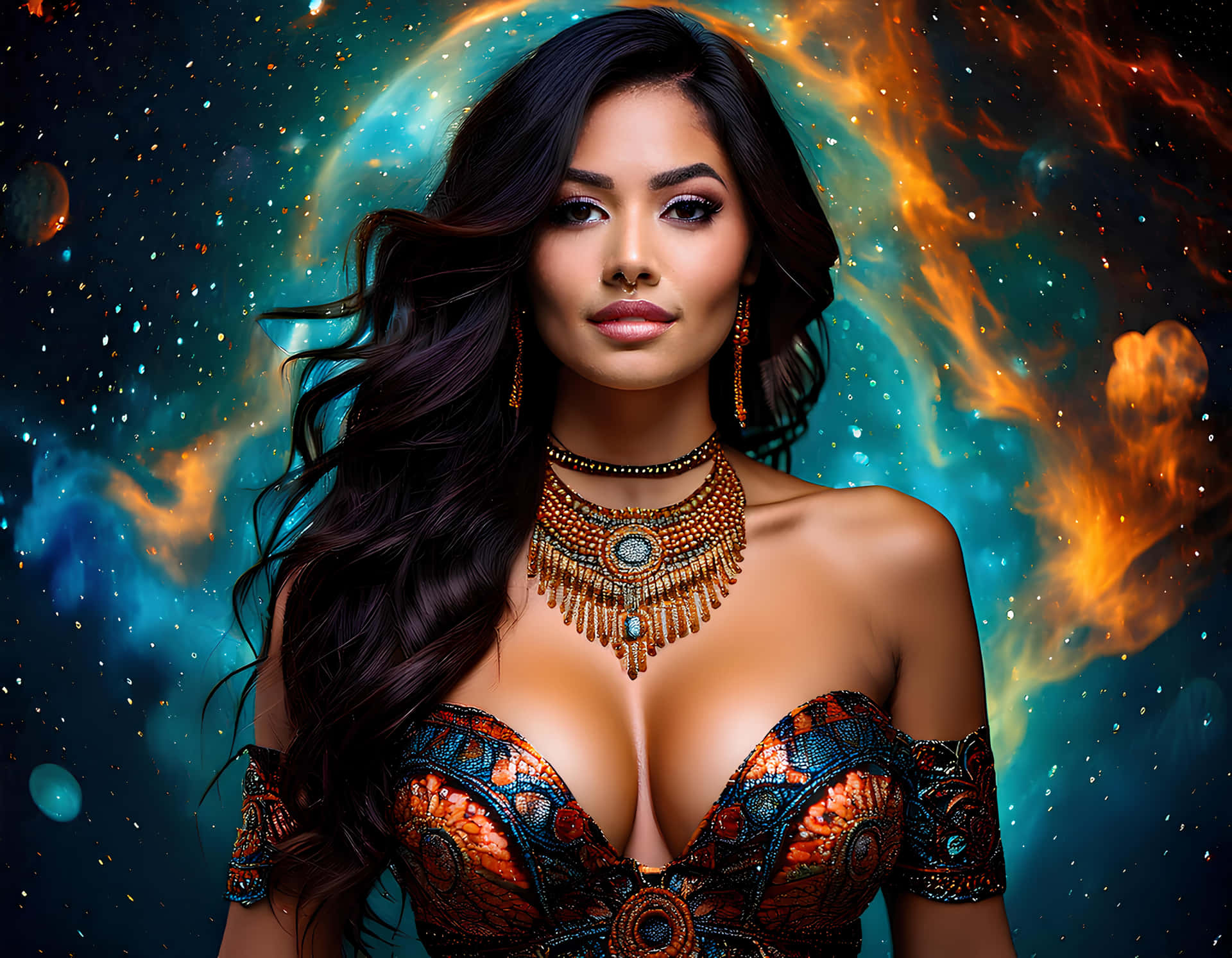 Woman 壁紙 — 一位長黑髮的女性戴著華麗的金飾和圖案上衣，背景是宇宙星雲，有火橙色和青綠色的雲彩。