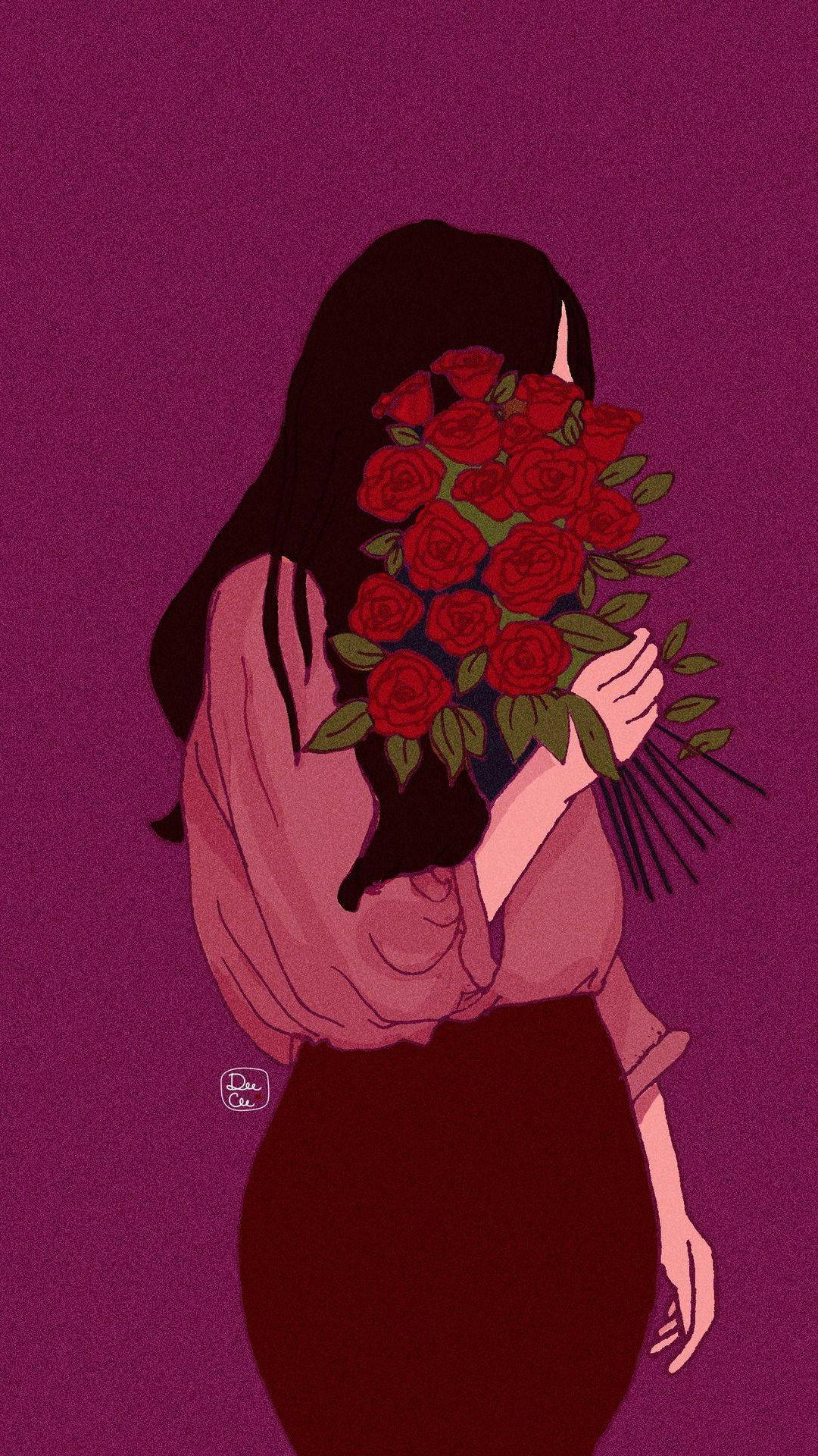girls 桌布 壁紙 — 一位長黑髮的女性手持一束鮮豔的紅玫瑰，遮住她的臉，背景是深紫色。