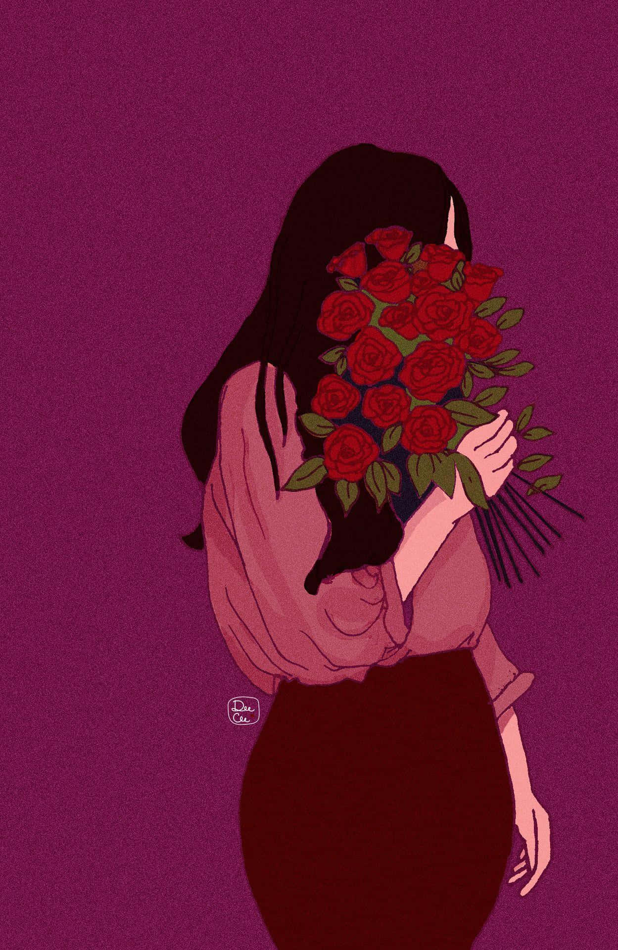 Roses 桌布 壁紙 — 一位長黑髮的女性手持一束鮮豔的紅玫瑰，遮住她的臉，背景是深紫色。