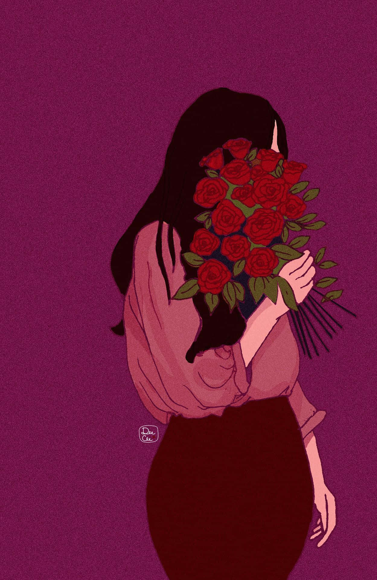 美學藝術 桌布 壁紙 — 一位長黑髮的女性手持一束鮮豔的紅玫瑰，遮住她的臉，背景是深紫色。
