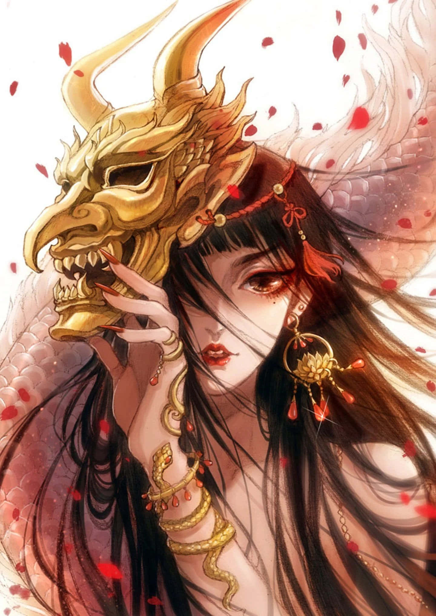 動漫惡魔 桌布 壁紙 — 一位長黑髮的女性手持金色龍面具，紅色花瓣在她周圍飄舞，營造出神秘的場景。