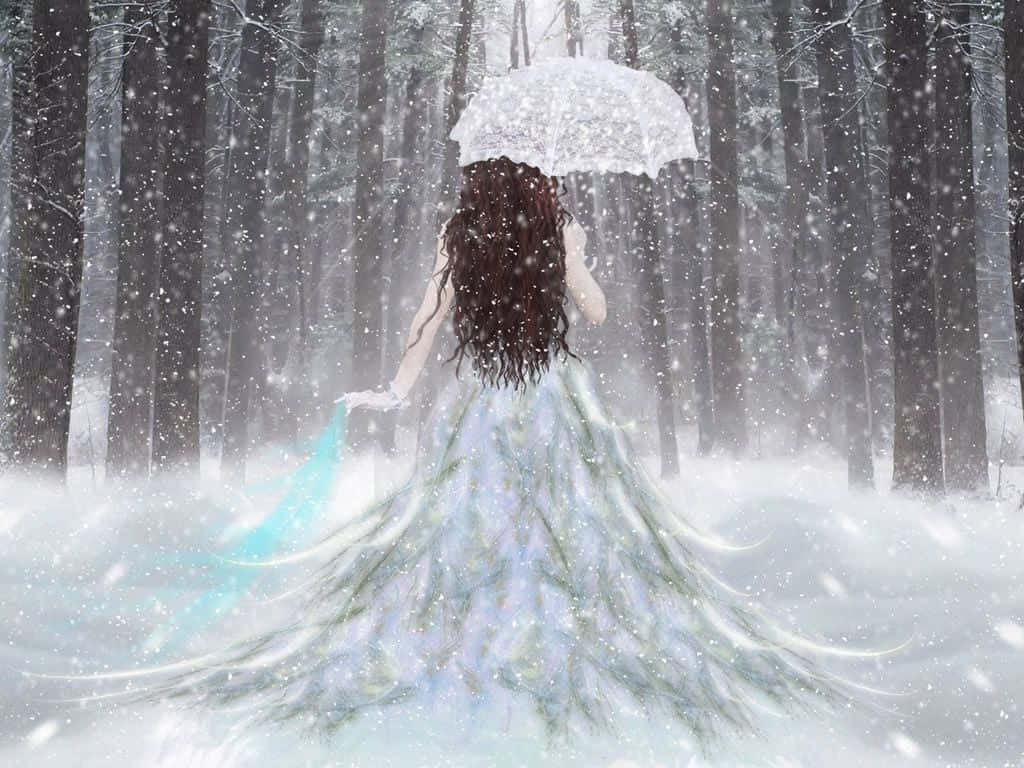 Snow Angel 桌布 壁紙 — 一位長黑髮的女性撐著白色蕾絲傘，走過雪地森林，她的飄逸長裙在身後拖曳。