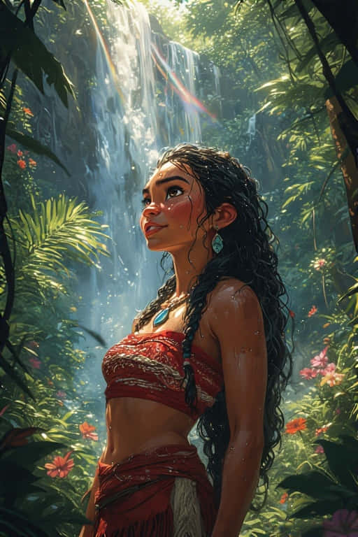 Realistic Moana in Tropical Rainforest 壁紙 — 一位長黑髮的女性站在茂密的叢林中，仰望上方，陽光穿過她身後傾瀉而下的瀑布。