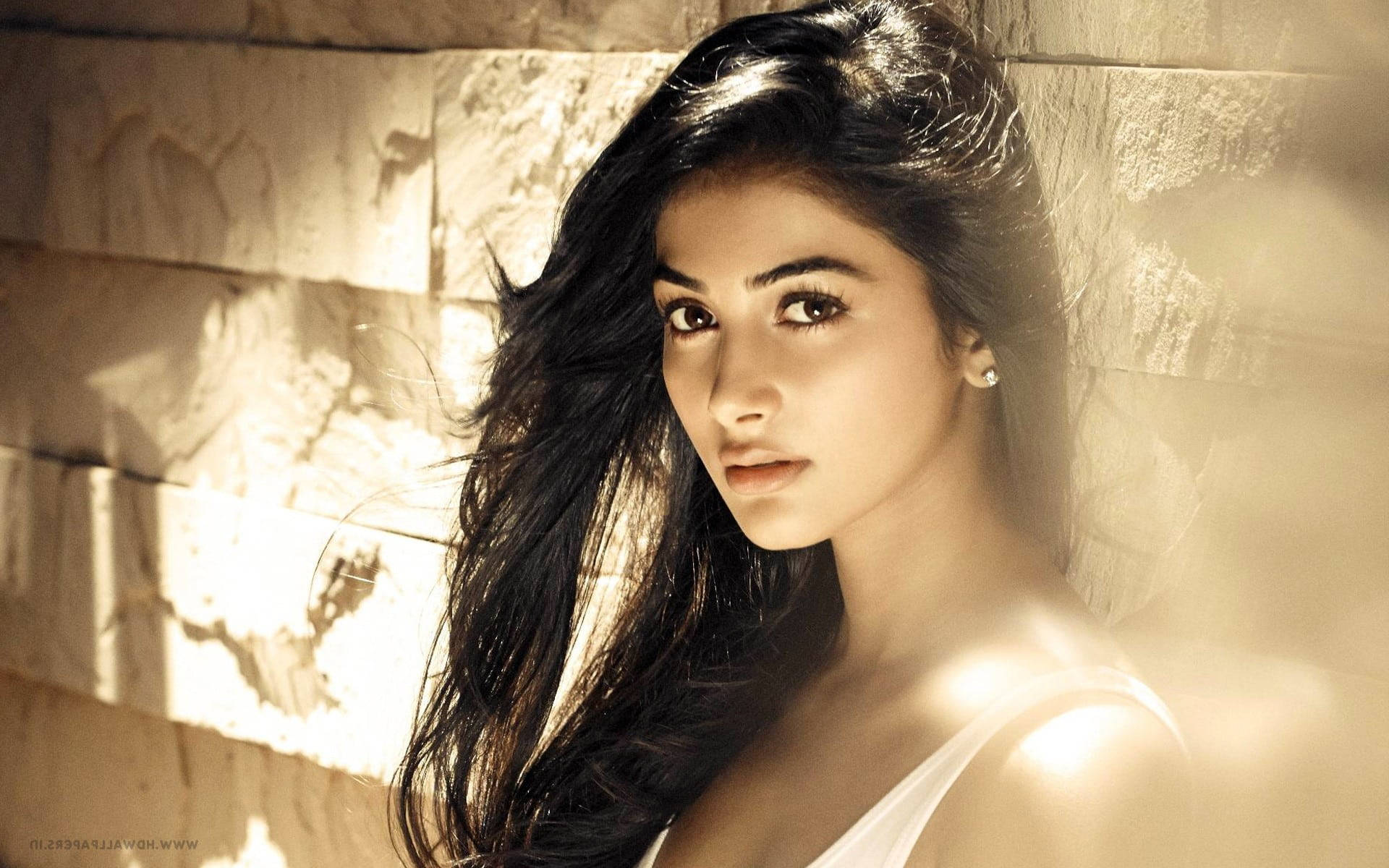 Telugu Heroines 桌布 壁紙 — 一位長黑髮的女性靠在陽光照耀的石牆上，她的臉被溫暖的金色光芒照亮。