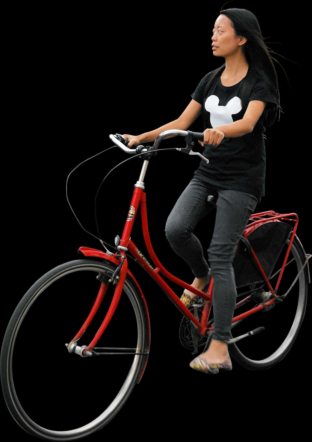 腳踏車 桌布 壁紙 — 一位長黑髮的女性騎著鮮紅色腳踏車，背景是純黑色。