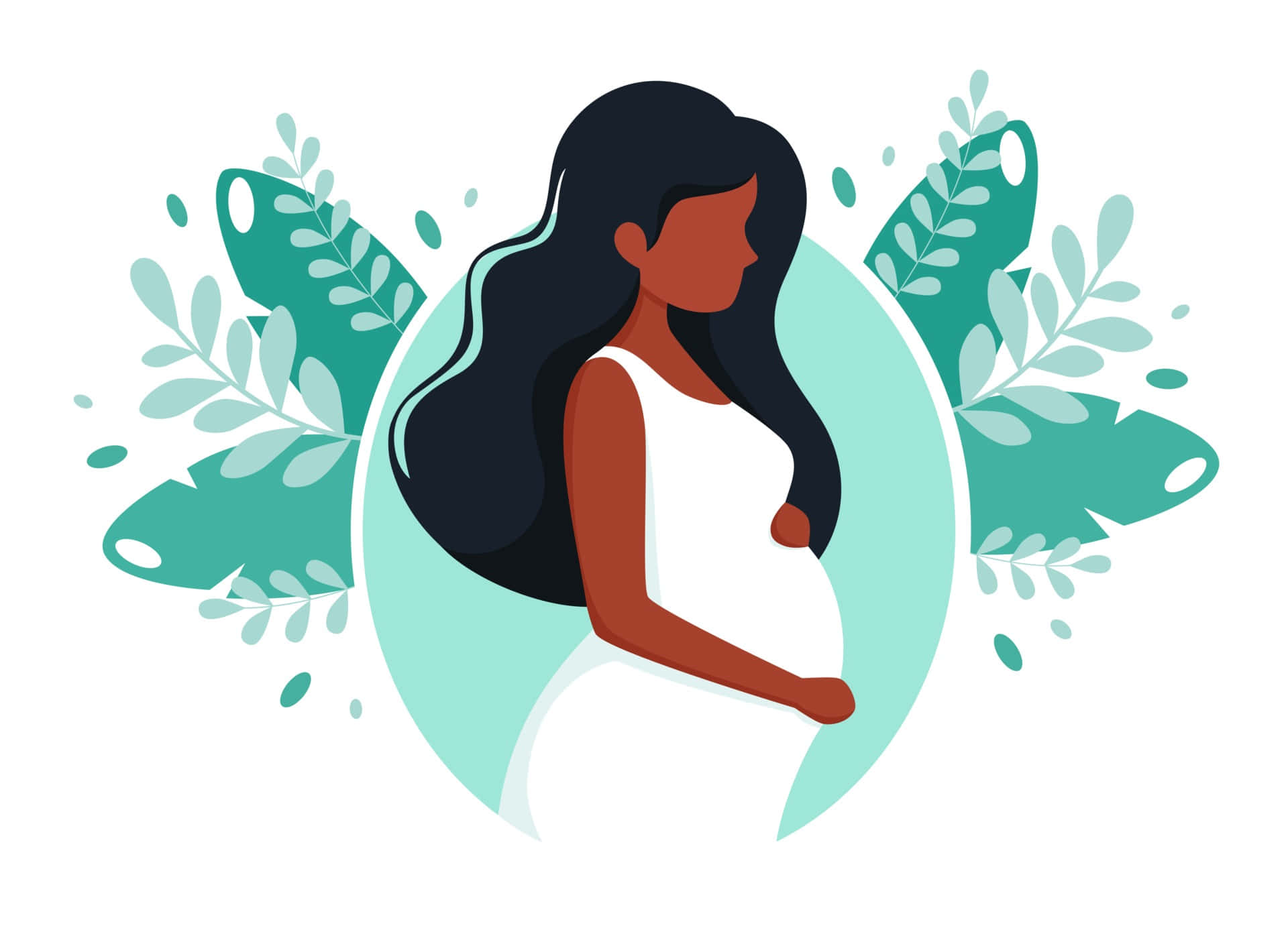 pregnancy 桌布 壁紙 — 一位長黑髮的孕婦在柔和的圓形框架中，被風格化的青綠色葉子環繞，輕輕地抱著她的肚子。