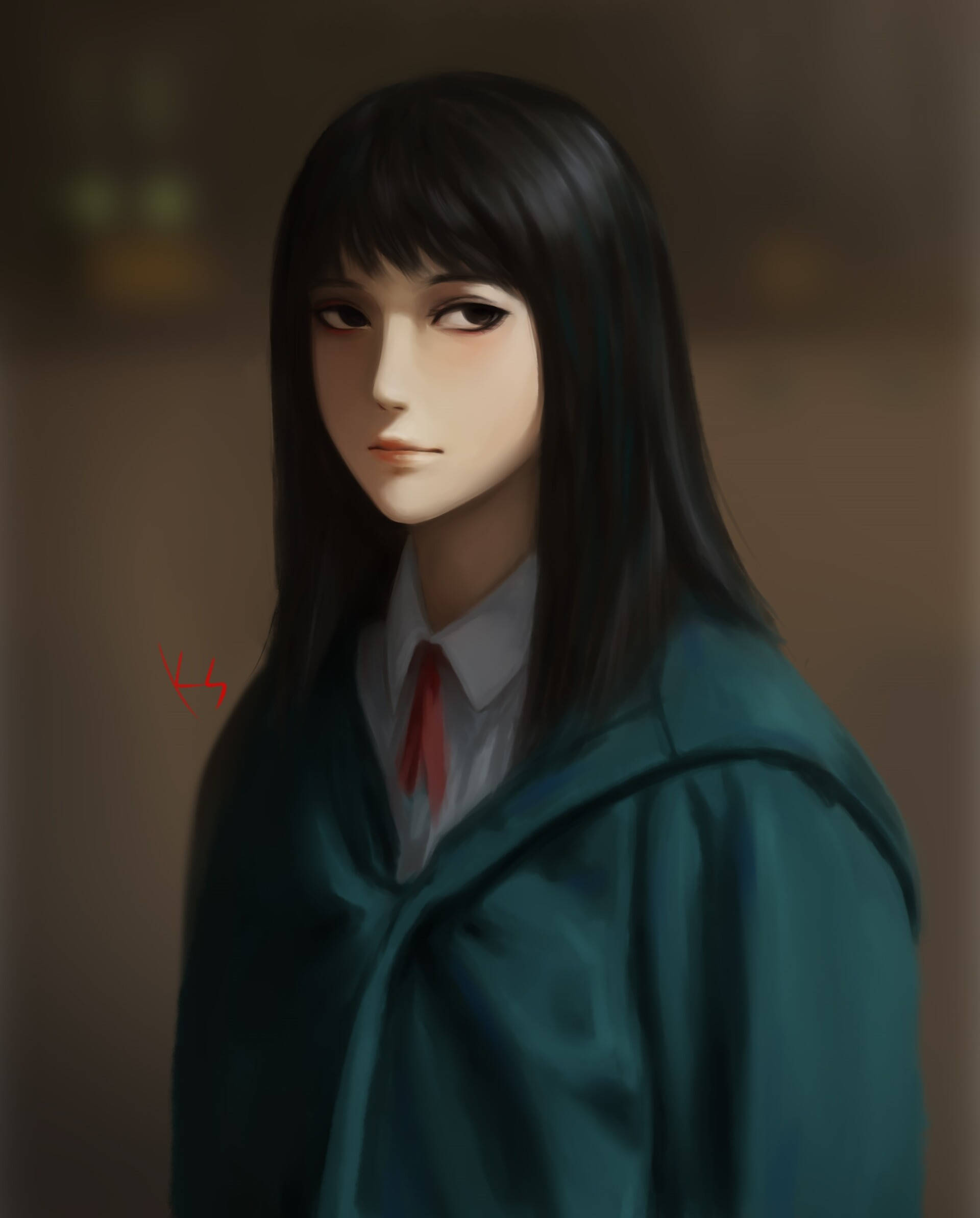 高清 桌布 壁紙 — 一位長黑髮的寧靜動漫女孩，身穿白色襯衫和紅色領帶，外披一件青綠色長袍，背景是柔和模糊的暖色調。