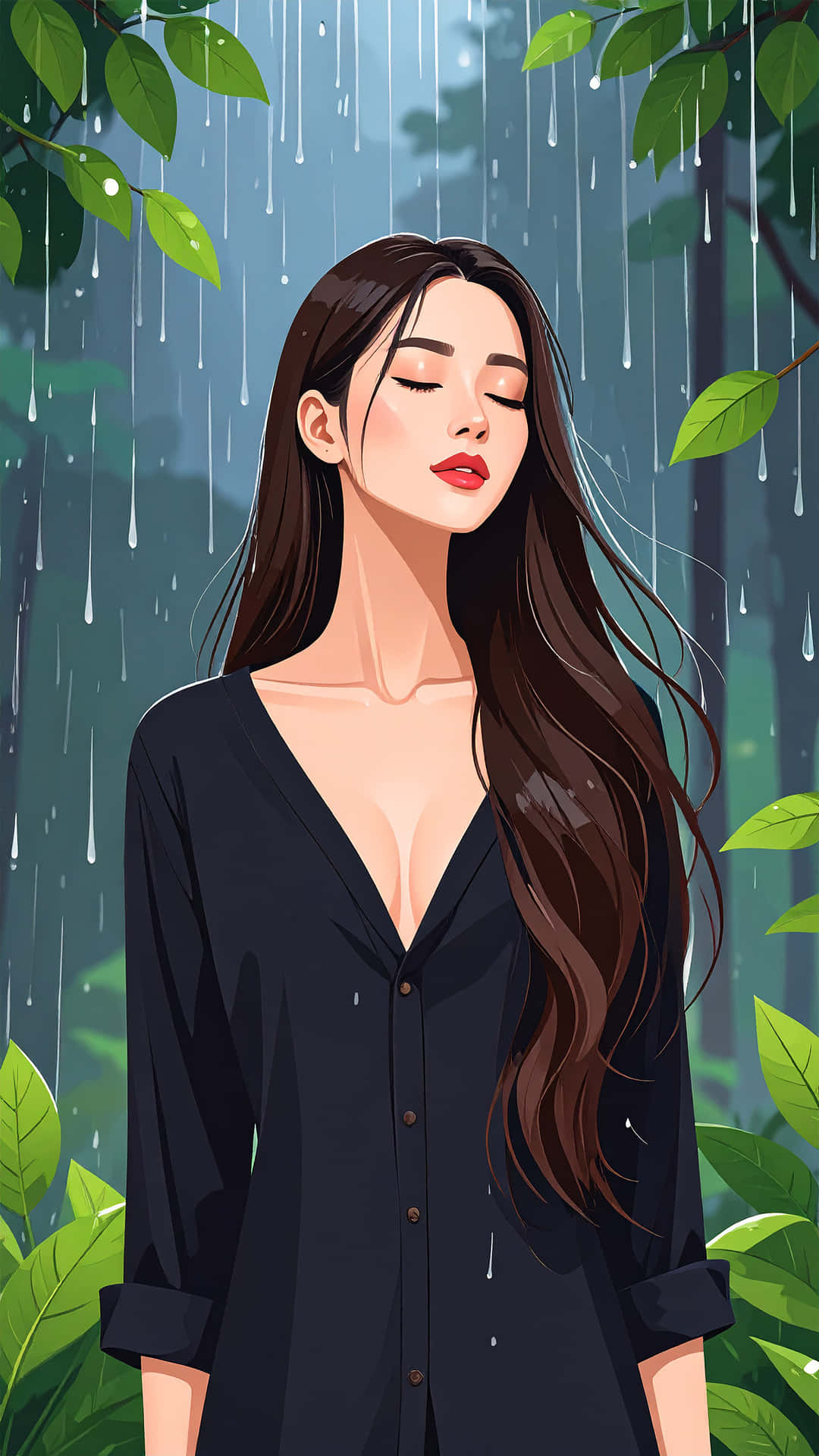 Art of Woman 壁紙 — 一位長黑髮的寧靜女子站在雨淋濕的森林中，閉上眼睛，水滴在她周圍落下，周圍是茂密的綠葉。