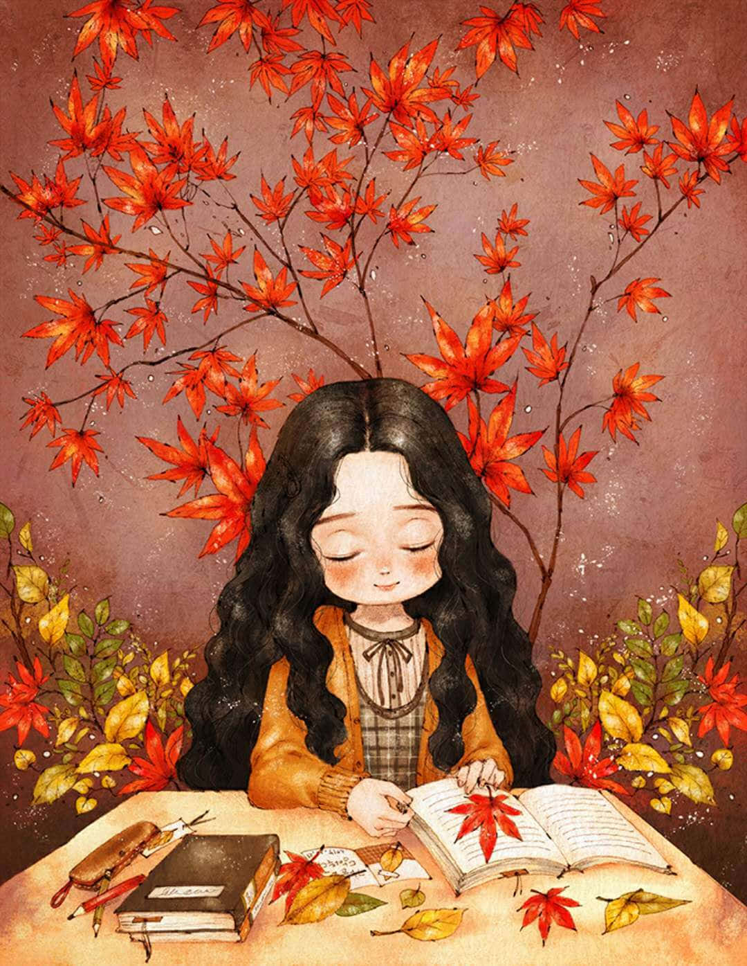 動漫女孩 桌布 壁紙 — 一位長黑髮的寧靜女孩在鮮紅的楓葉和秋葉環繞下閱讀一本書。