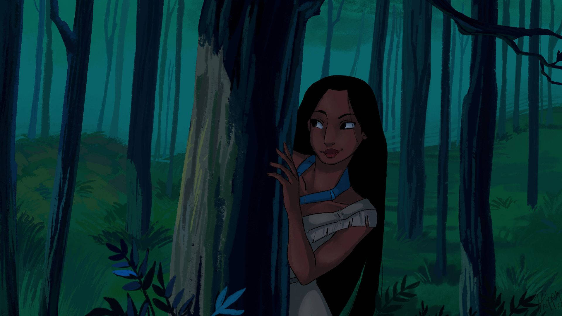 Pocahontas 桌布 壁紙 — 一位長黑髮的年輕女子在黃昏時分從霧氣瀰漫的藍綠色森林中的一棵樹後探出頭來。