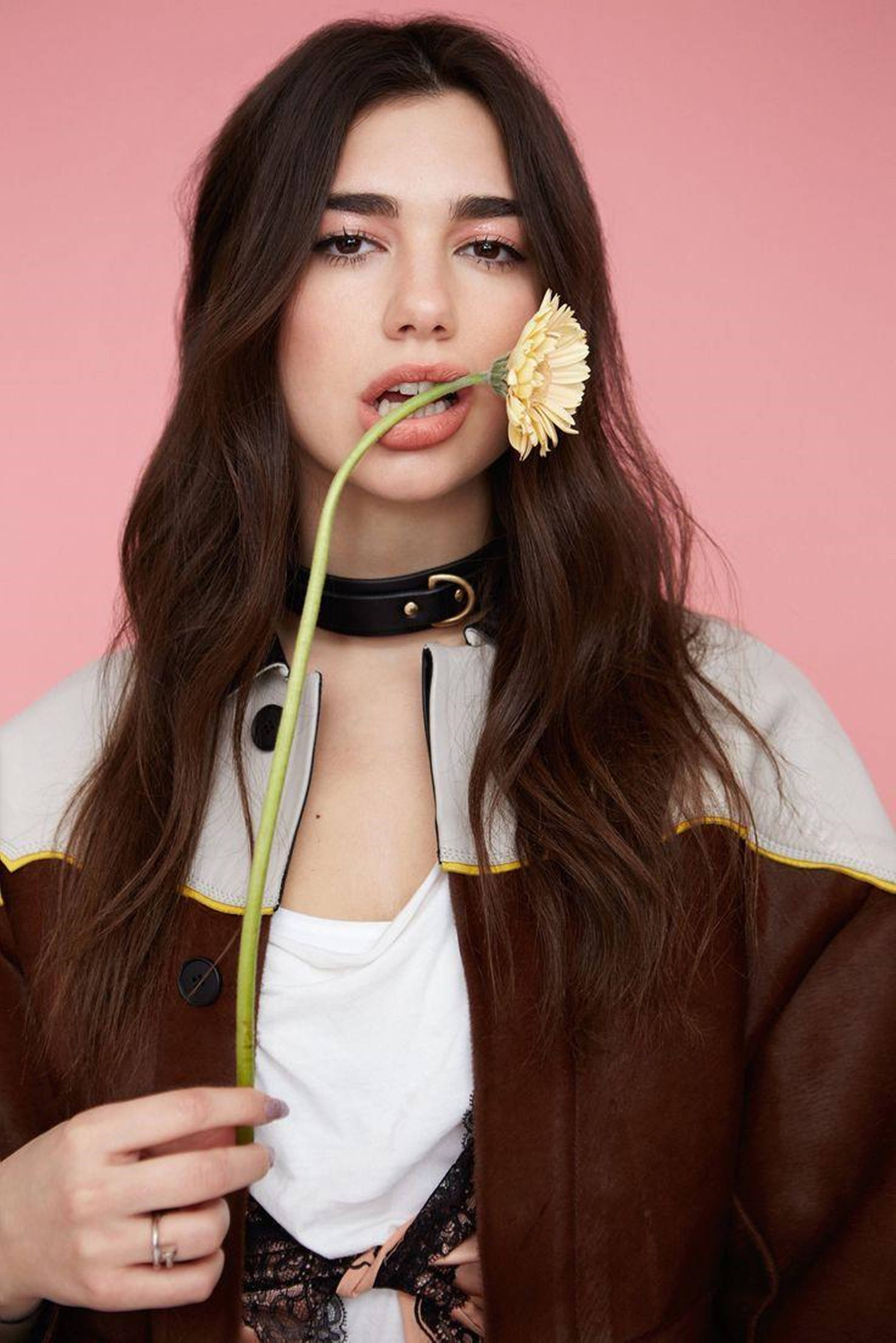 Dua Lipa 桌布 壁紙 — 一位長黑髮的年輕女性在柔和的粉紅色攝影棚背景前，將一朵黃花放在唇邊。