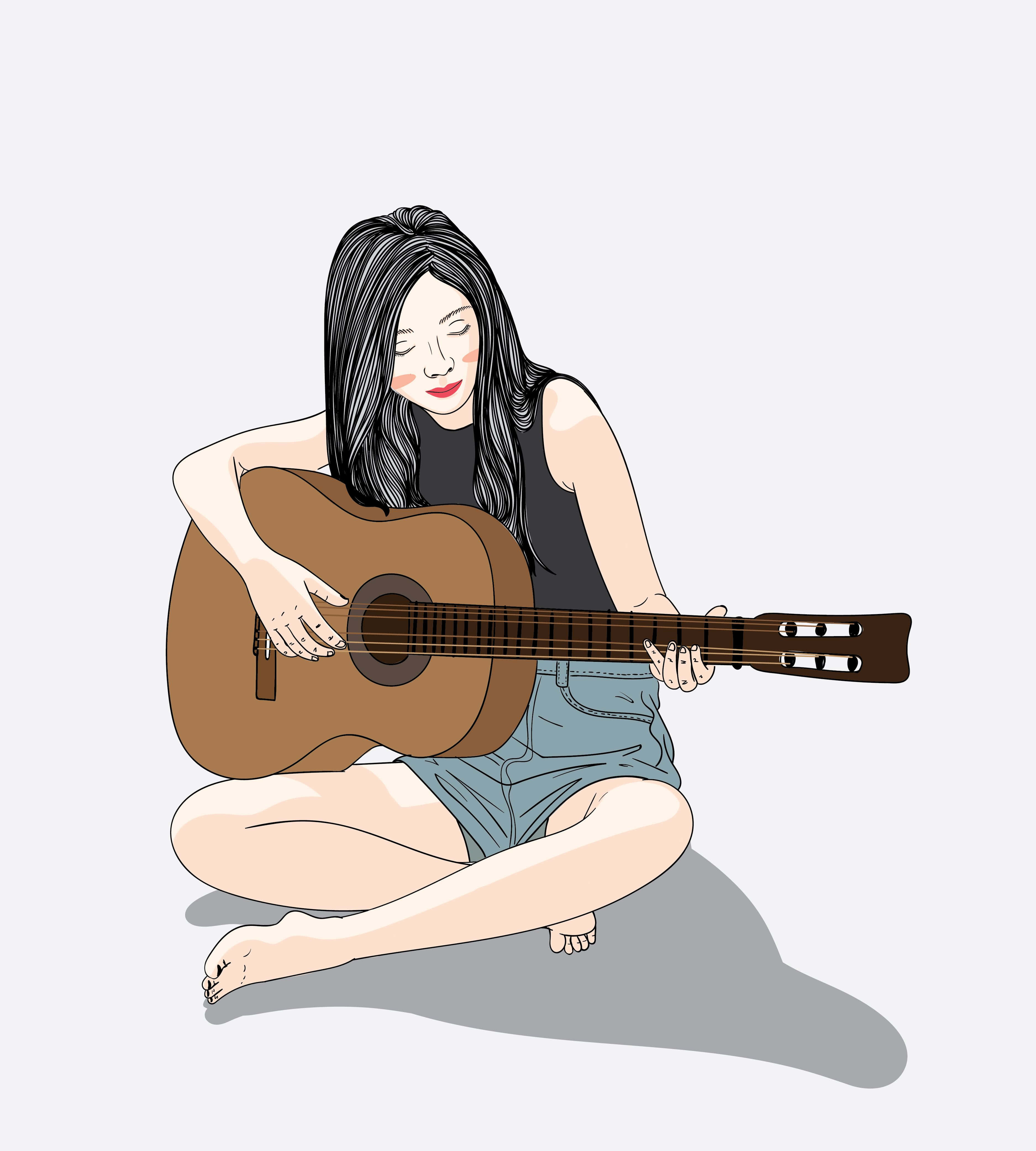 Cartoon Music 桌布 壁紙 — 一位長黑髮的年輕女性盤腿而坐，閉著眼睛，帶著平靜的微笑彈奏木吉他。