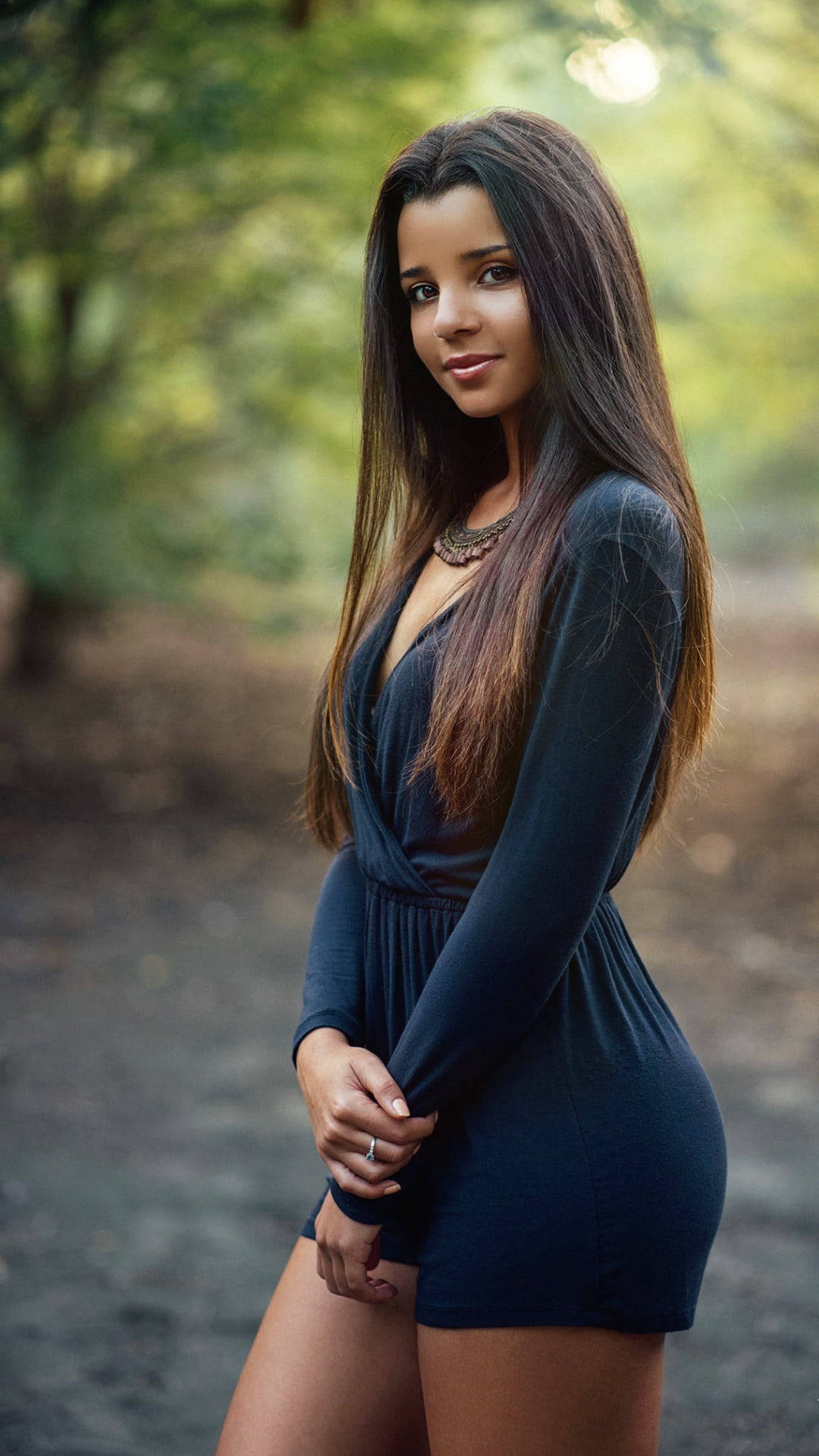 Latina Girl 桌布 壁紙 — 一位長黑髮的年輕女性站在陽光普照的森林中，身穿深藍色連衣裙。