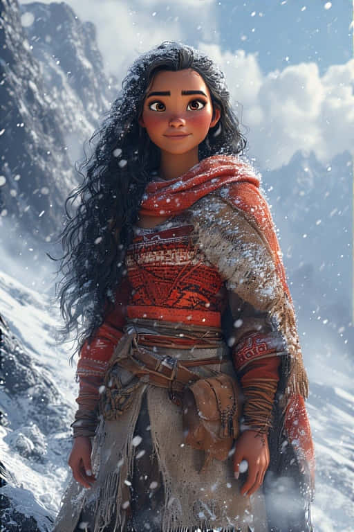 Realistic Warrior Moana in Battle Stance 壁紙 — 一位長黑髮的年輕女性站在雪景山脈中，身穿紅色圖案上衣和圍巾，雪花在她周圍飄落。