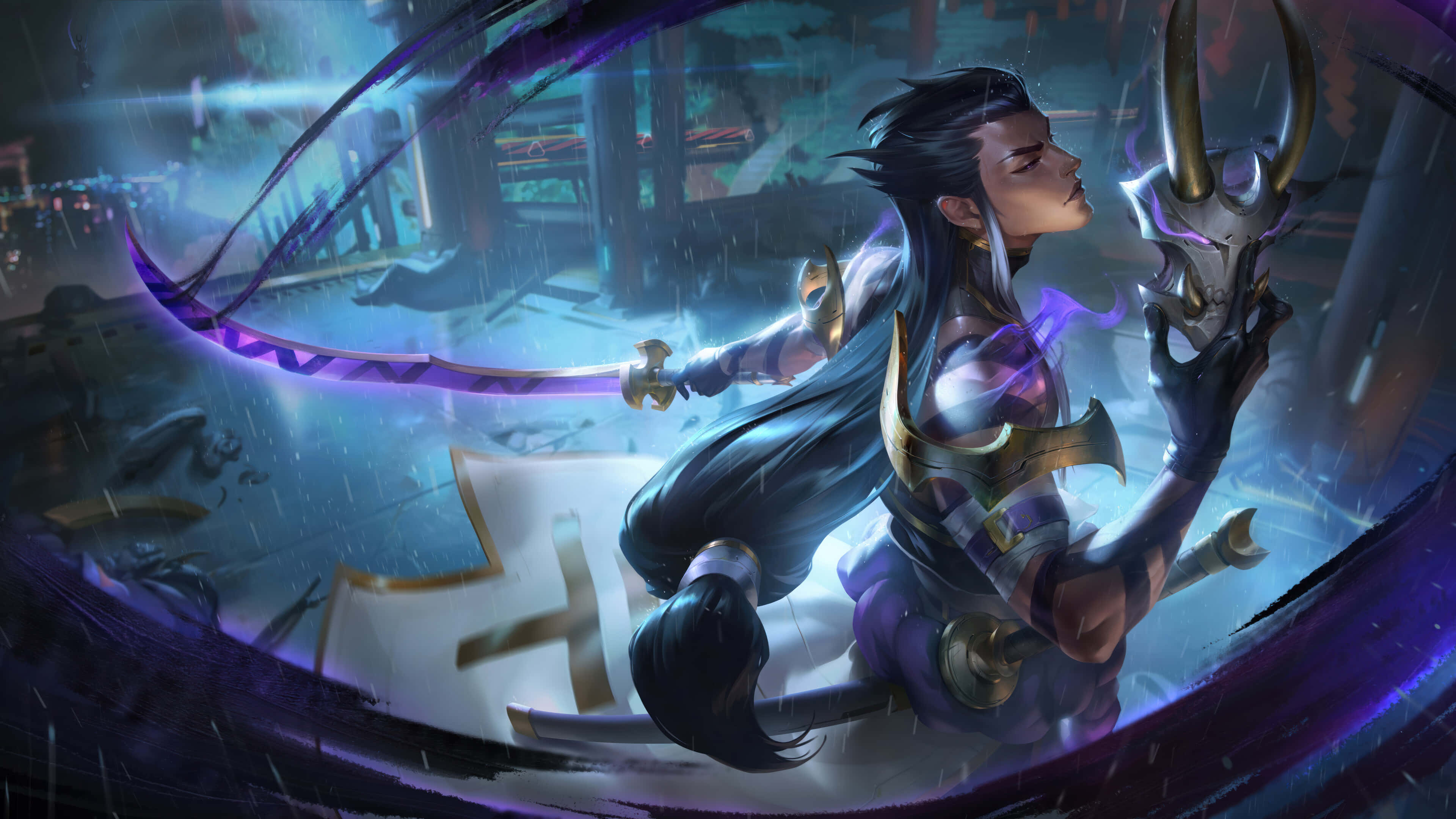 League Of Legends Champions 桌布 壁紙 — 一位長黑髮的戰士在雨中神秘的戰場上揮舞著發光的紫色劍，伴隨著旋轉的能量。