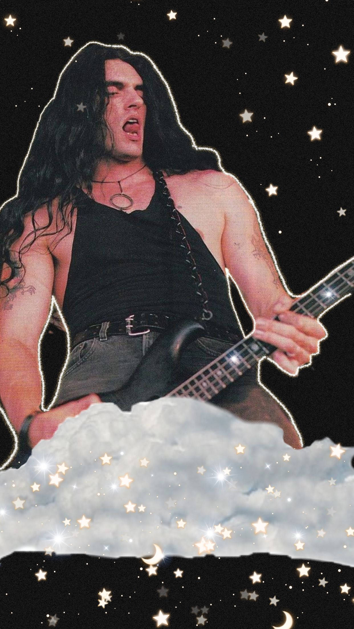 桌布 壁紙 — 一位長黑髮的搖滾吉他手在星雲上演奏，背景是宇宙夜空。