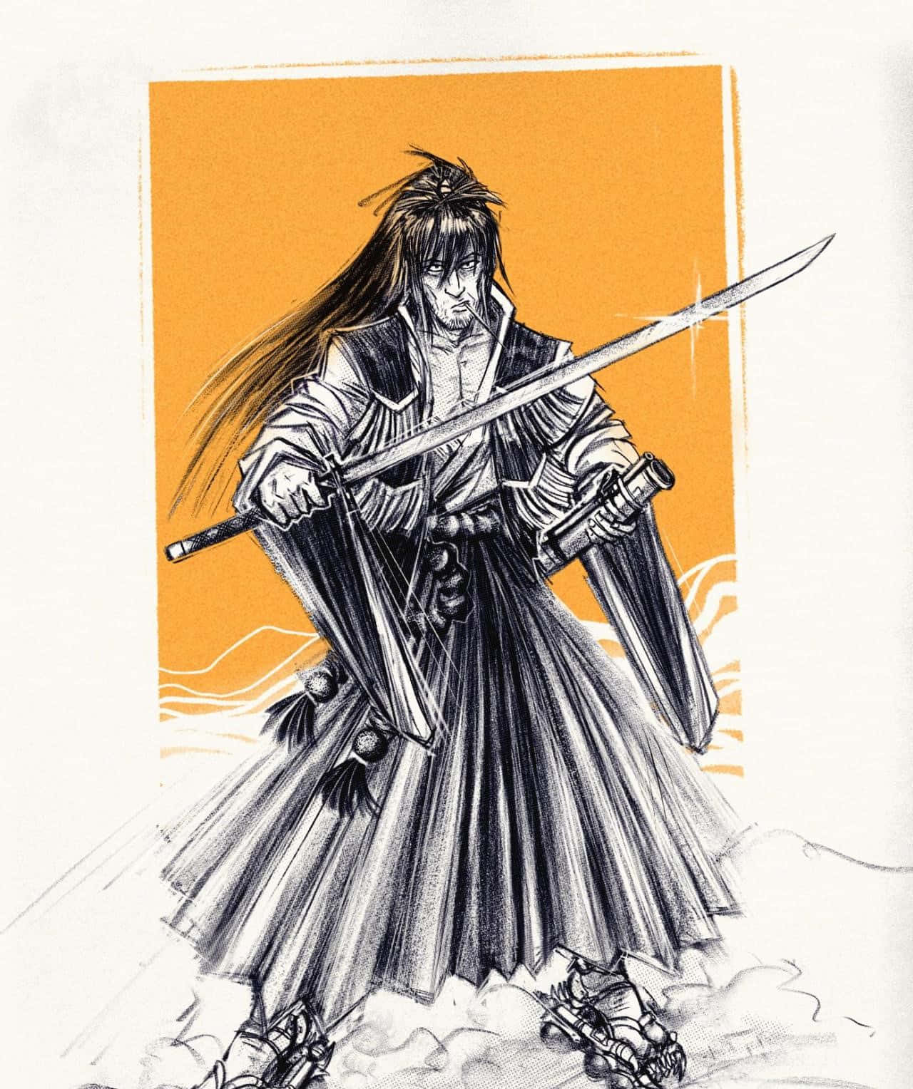 Rai-dei The Blade 桌布 壁紙 — 一位長黑髮的武士戰士在鮮豔的橙色背景上揮舞著閃亮的劍。