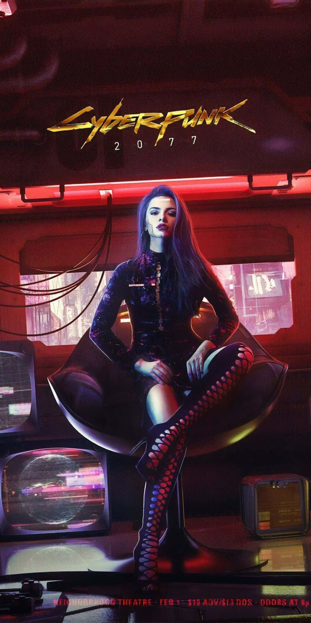 Pixel 3 Cyberpunk 2077 桌布 壁紙 — 一位長黑髮的賽博龐克蛇蠍美人自信地坐在未來風格的椅子上，周圍環繞著發光的紅色霓虹燈和復古科技。