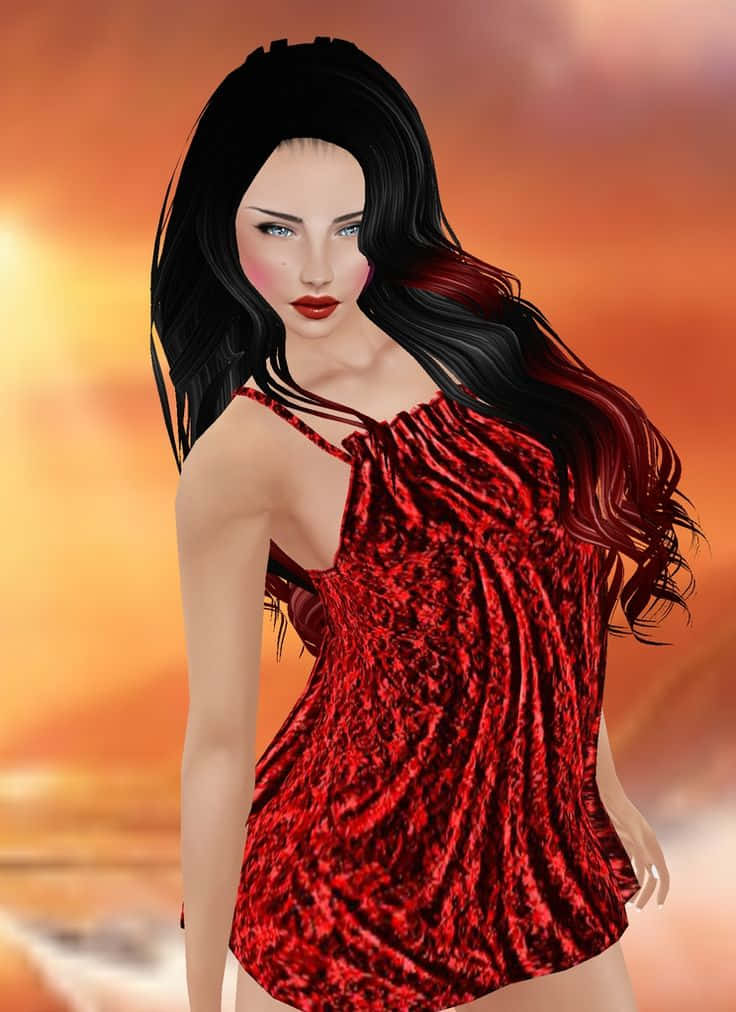 imvu 桌布 壁紙 — 一位長黑髮紅唇的女性，在溫暖的夕陽天空下穿著閃亮的紅色天鵝絨上衣。