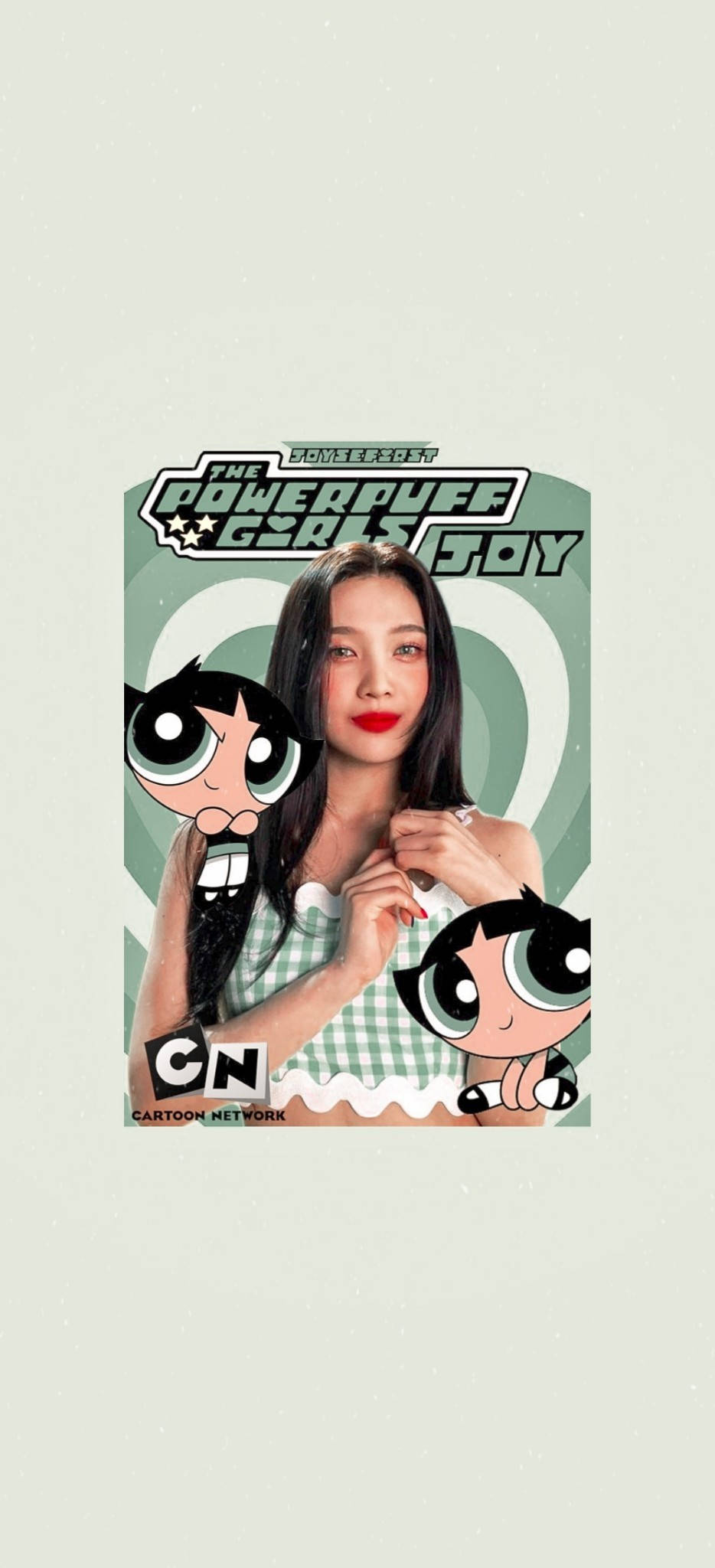 girls 桌布 壁紙 — 一位長黑髮紅唇的女性穿著綠色格紋上衣，飛天小女警的卡通角色在她兩側，背景是柔和的綠色。