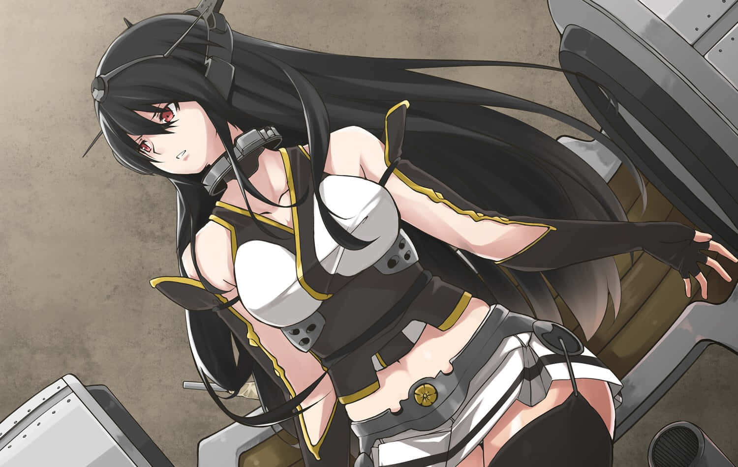 Kantai Collection 桌布 壁紙 — 一位長黑髮紅眼的動漫女孩，穿著帶金色飾邊的黑白服裝，靠在軍艦甲板上。