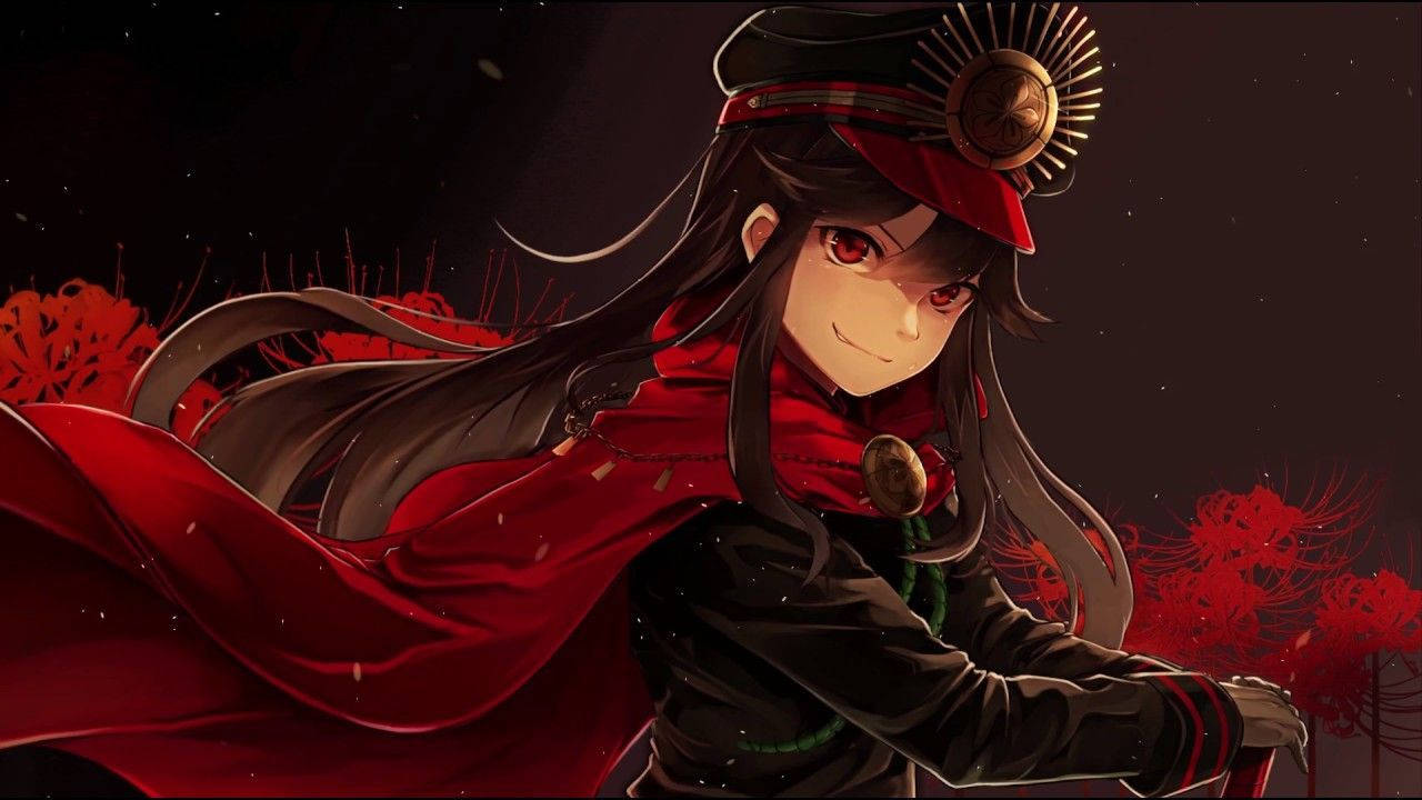 Fate/Grand Order 桌布 壁紙 — 一位長黑髮紅眼的動漫女孩，身穿紅色斗篷和帽子，背景是深色帶有紅花。