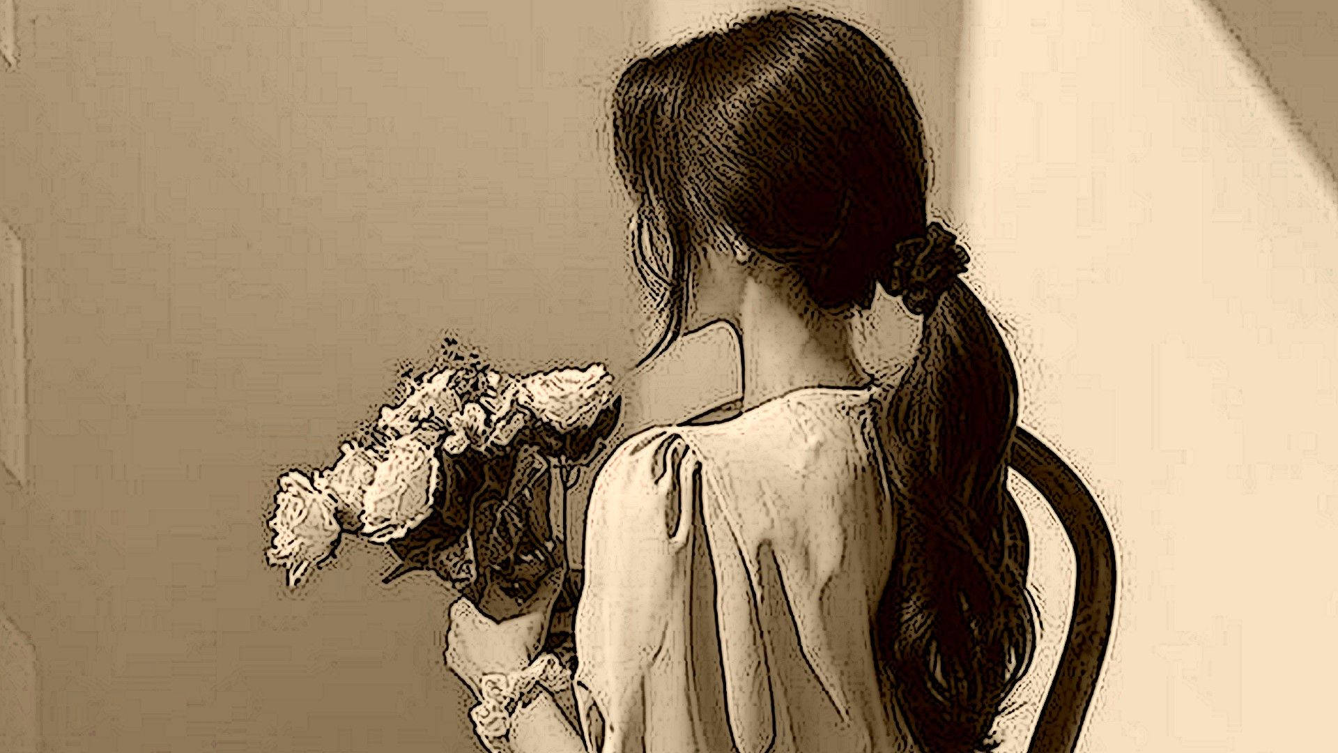 lovely girl 桌布 壁紙 — 一位長黑髮紮成馬尾的女性坐在椅子上，手持一束枯萎的玫瑰，從背後觀看的復古色調插圖。