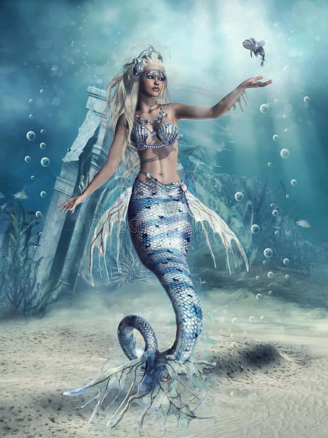 Mermaids 桌布 壁紙 — 一位閃耀的人魚，擁有銀藍色鱗片和飄逸的金色頭髮，在發光的氣泡和古老的水下遺跡中優雅地向一條小魚伸出手。