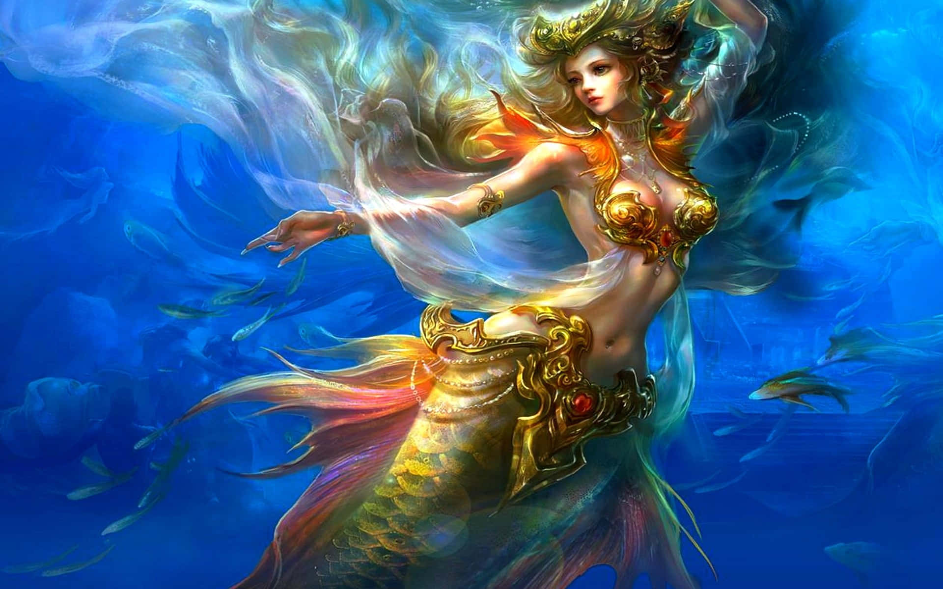 Mermaids 桌布 壁紙 — 一位閃耀的人魚，身穿金色盔甲，長髮飄逸，在深藍色的海洋中與魚群優雅地舞動。