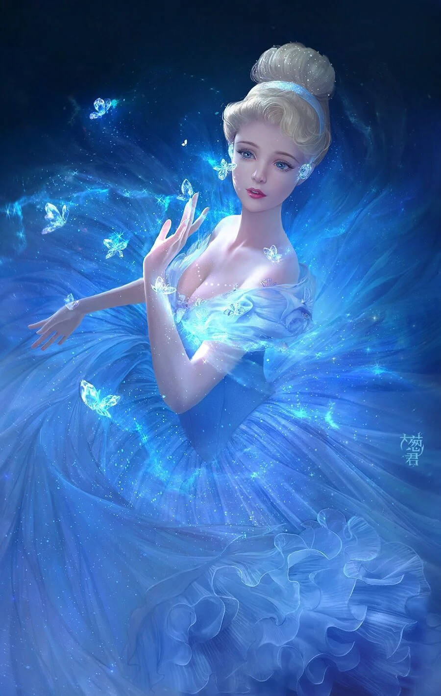 Princess 桌布 壁紙 — 一位閃耀的仙女穿著飄逸的藍色長裙，在宇宙夜空背景下被發光的蝴蝶環繞。