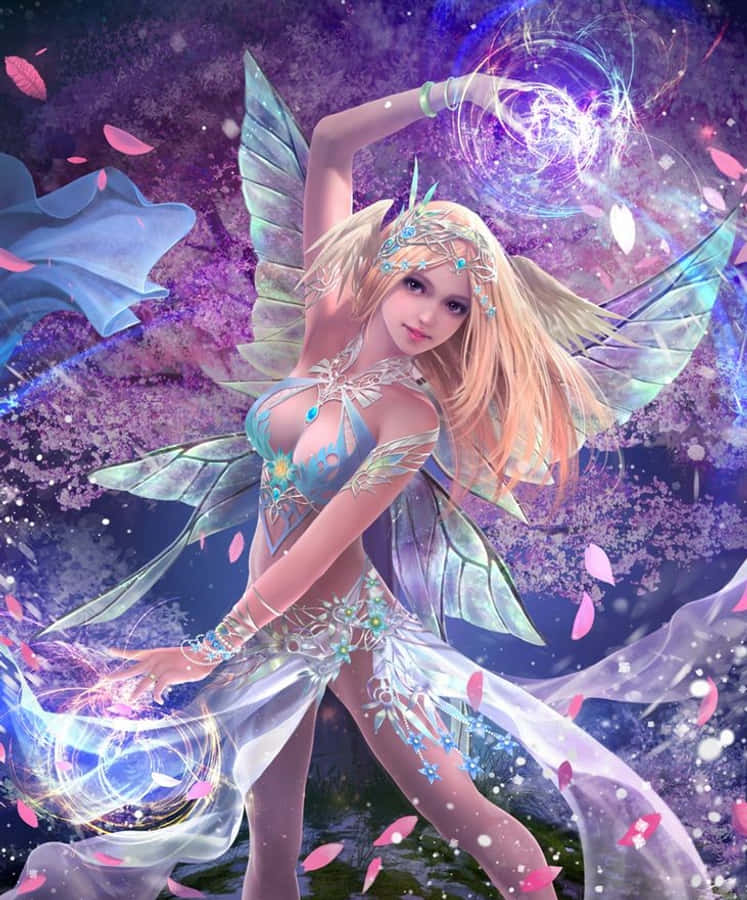 仙女美學 桌布 壁紙 — 一位閃耀的仙子，擁有半透明的翅膀和發光的魔法漩渦，在漂浮的粉紅色花瓣中跳舞，背景是宇宙紫色。