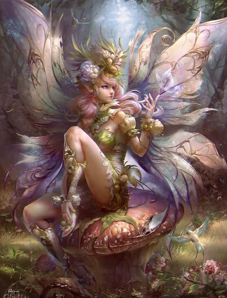仙女美學 桌布 壁紙 — 一位閃耀的仙子，擁有精緻的翅膀和花卉裝飾，優雅地坐在神秘森林中一個巨大的蘑菇上，沐浴在柔和的光線中。