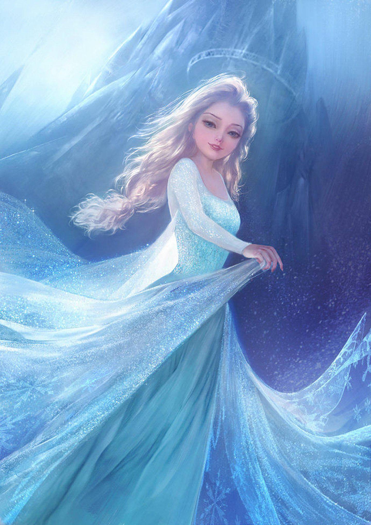 Princess 桌布 壁紙 — 一位閃耀的公主穿著閃爍的冰藍色禮服，優雅地飄過一個充滿發光雪花的魔法冰洞。