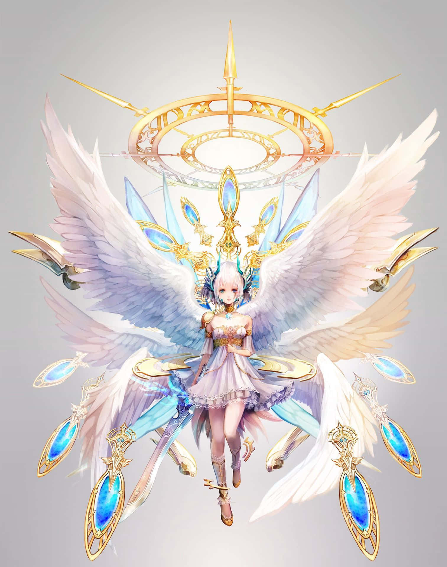 angels 桌布 壁紙 — 一位閃耀的動漫天使，擁有白色翅膀和金色光環，漂浮在發光的藍色寶石和華麗的金色刀片之間。