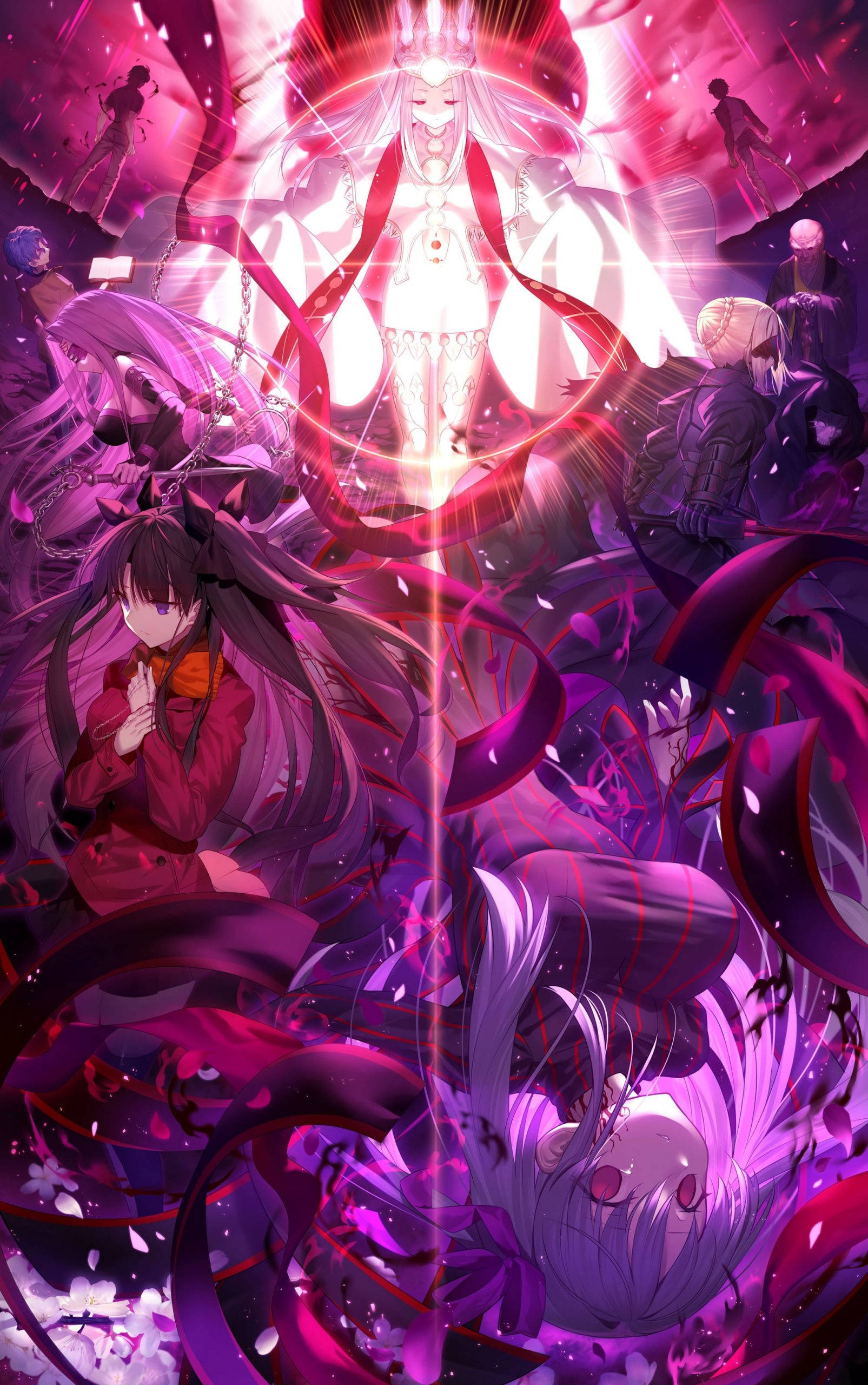 Fate Series 桌布 壁紙 — 一位閃耀的動漫女神，擁有發光的白髮和紅色絲帶，主宰著一個被黑暗人物包圍的旋轉紫色戰場。