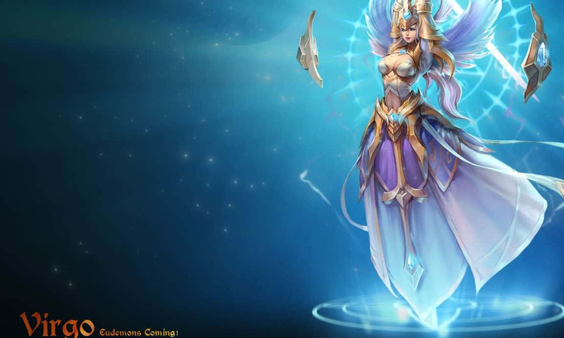 Virgo 桌布 壁紙 — 一位閃耀的動漫女神，擁有發光的翅膀和漂浮的武器，站在一個魔法平台上，背景是繁星點點的藍色虛空。