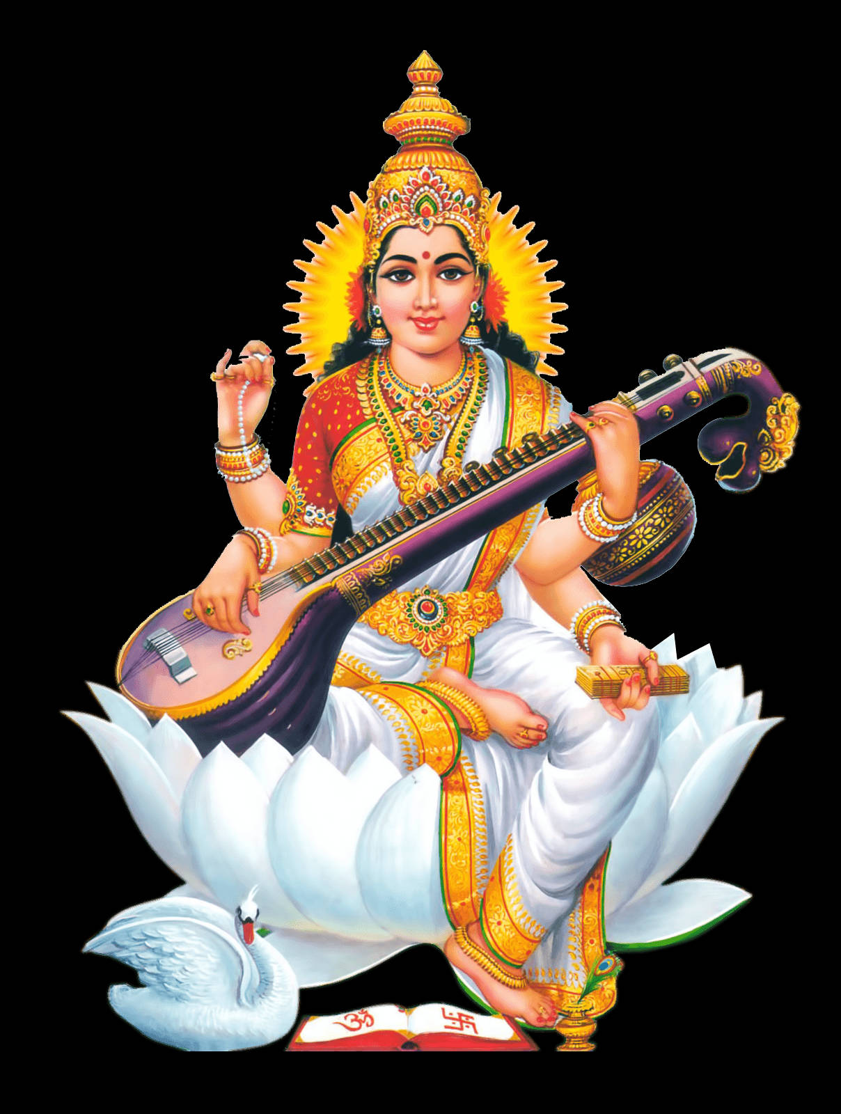 Saraswati Devi 桌布 壁紙 — 一位閃耀的印度女神，戴著金色皇冠和珠寶，優雅地坐在白色蓮花上，手持西塔琴，腳邊有一隻天鵝。