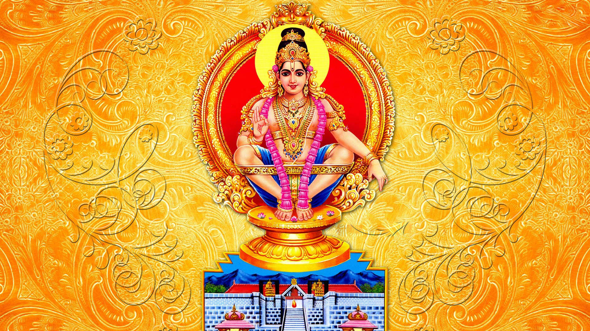 Ayyappan 桌布 壁紙 — 一位閃耀的印度教女神，佩戴著金色和粉紅色的珠寶，寧靜地坐在寶座上，背景是金色的華麗裝飾。