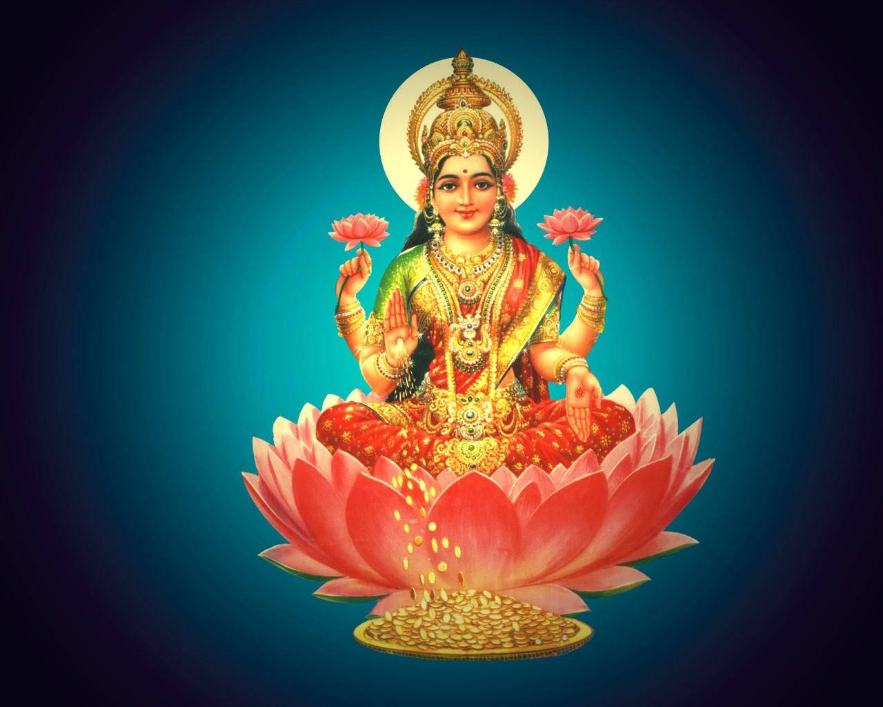 Lakshmi 桌布 壁紙 — 一位閃耀的印度教女神，佩戴著黃金首飾，寧靜地坐在盛開的粉紅色蓮花上，背景是深藍色漸層。