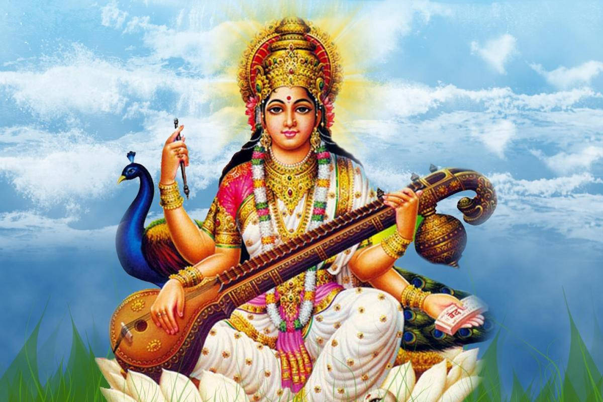 Saraswati Mata 桌布 壁紙 — 一位閃耀的印度教女神，身著金色和粉紅色裝飾，優雅地坐在白色蓮花上，手持弦樂器，身旁有一隻孔雀，背景是藍天。