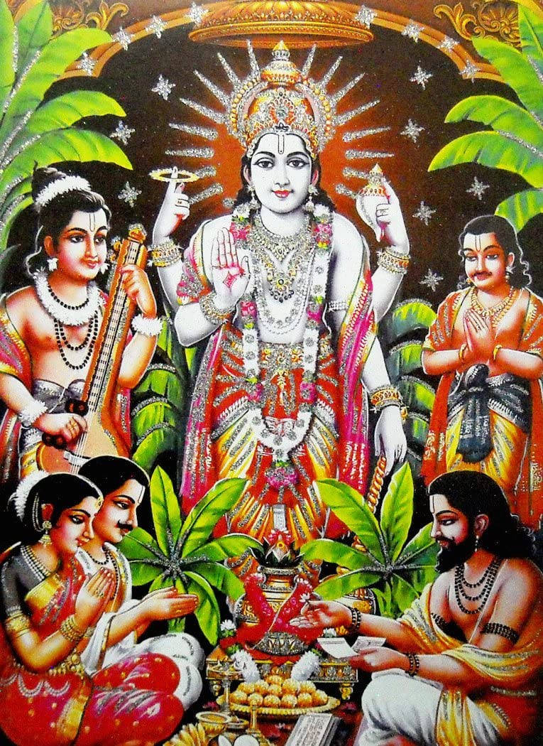 hindu iPhone 桌布 壁紙 — 一位閃耀的印度教神祇，佩戴珠寶和皇冠，被信徒圍繞，在星空下獻上祈禱和禮物。