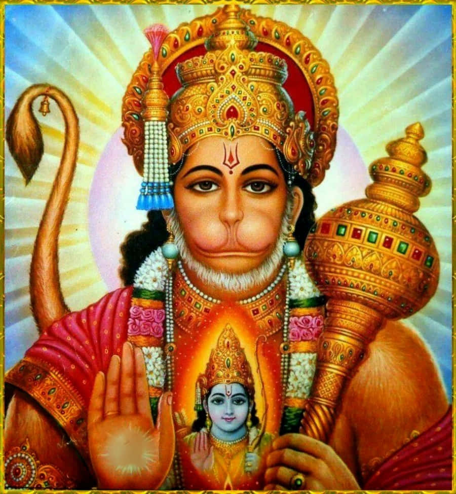 Hanuman 桌布 壁紙 — 一位閃耀的印度教神祇，擁有猴子臉龐和金色皇冠，懷抱著一位嬰兒神祇，同時散發著神聖的光芒。