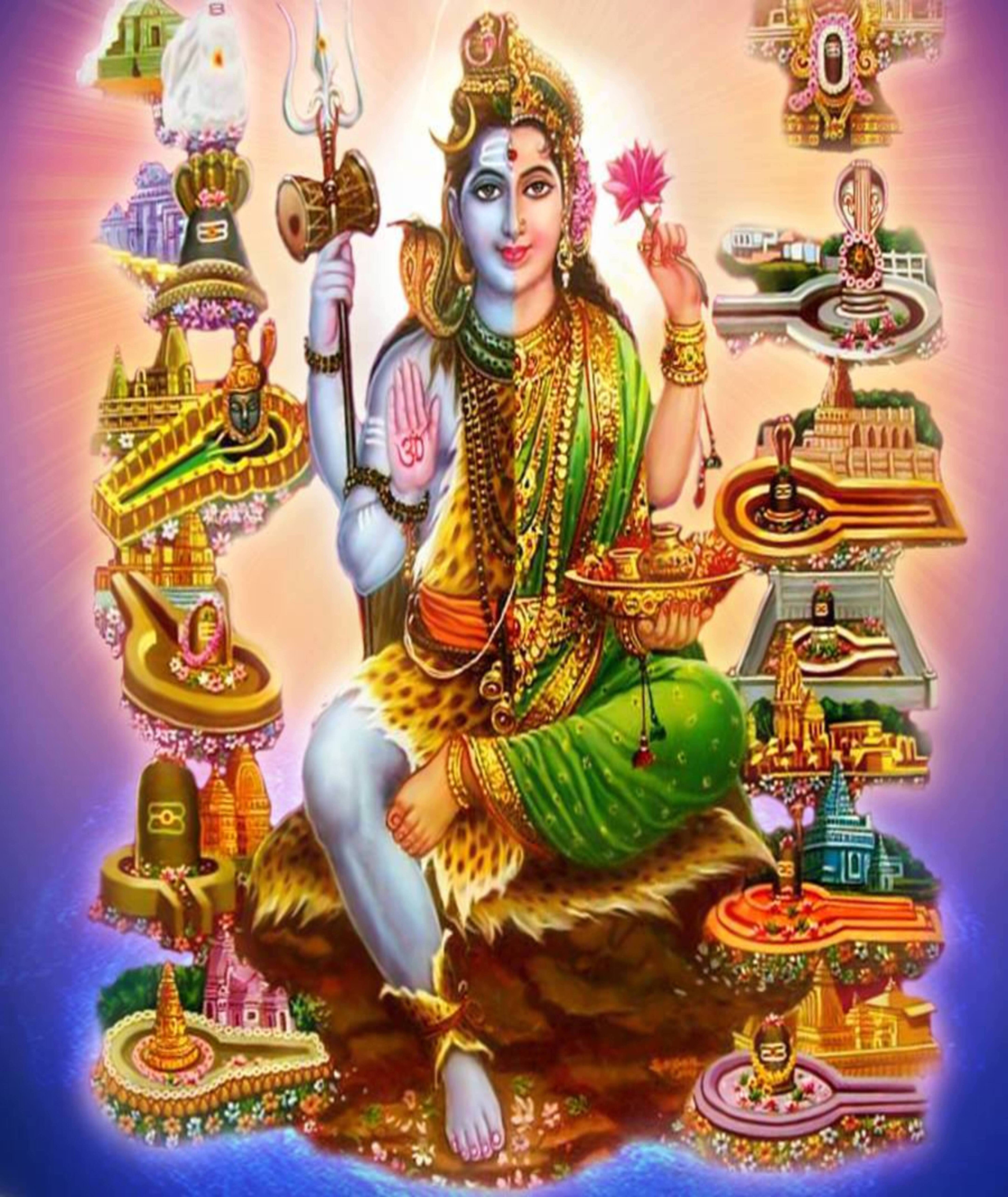 hindu iPhone 桌布 壁紙 — 一位閃耀的印度教神祇，飾以金色和綠色，坐在虎皮上，周圍環繞著漂浮的神聖寺廟和符號，背景是發光的粉紅和藍色漸變天空。