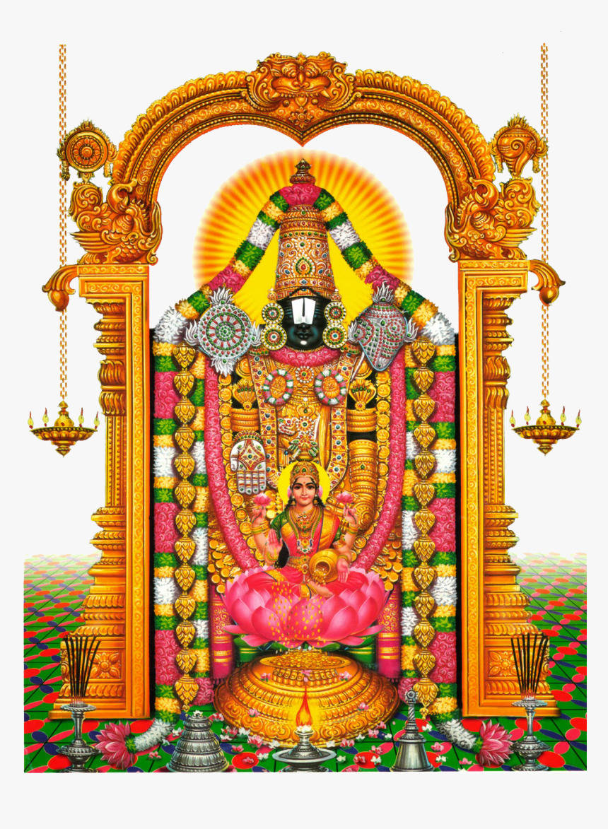 Lakshmi 桌布 壁紙 — 一位閃耀的印度教神祇，飾以黃金和彩色花環，坐在裝飾性金色拱門內的粉紅蓮花上。